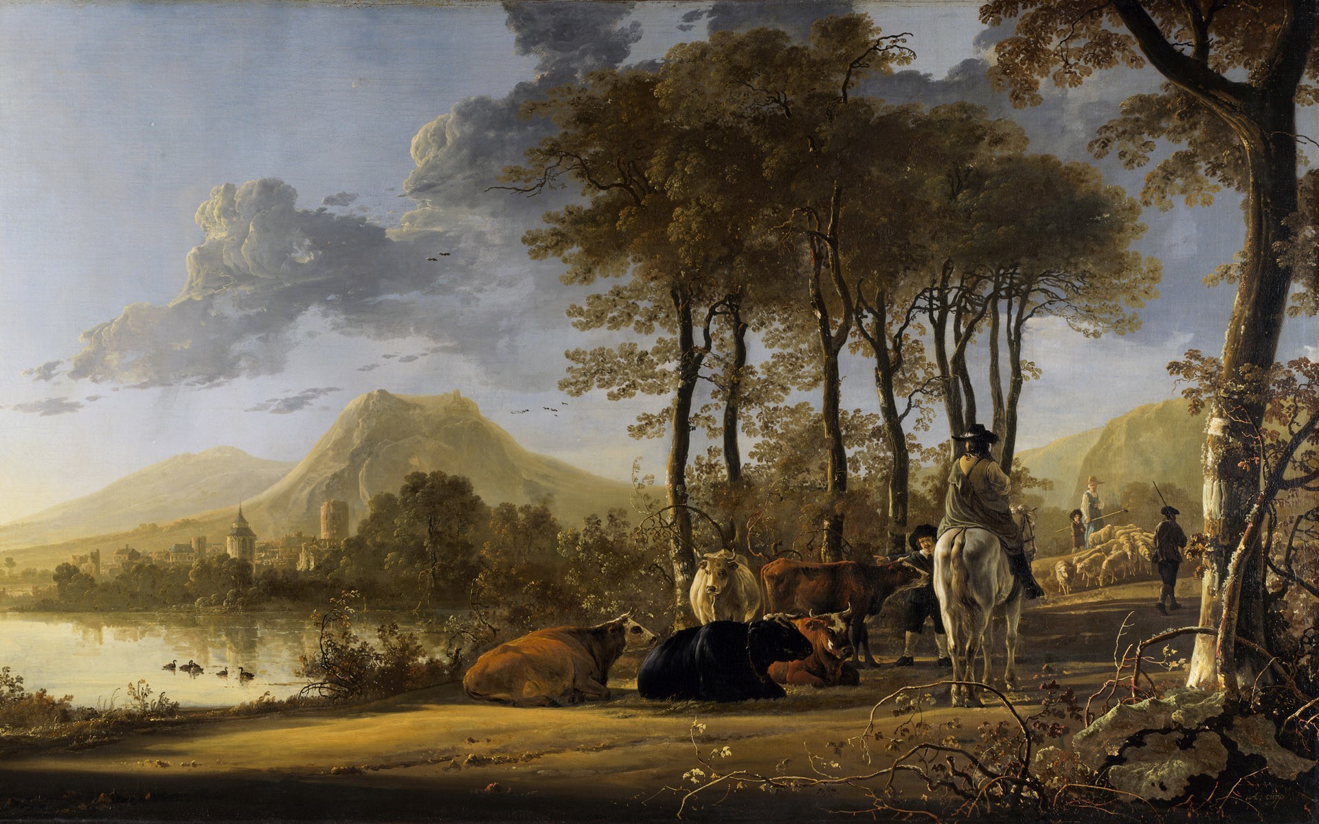 Drawings And Paintings Wallpapers - River Landscape With Horseman And Peasants - HD Wallpaper 