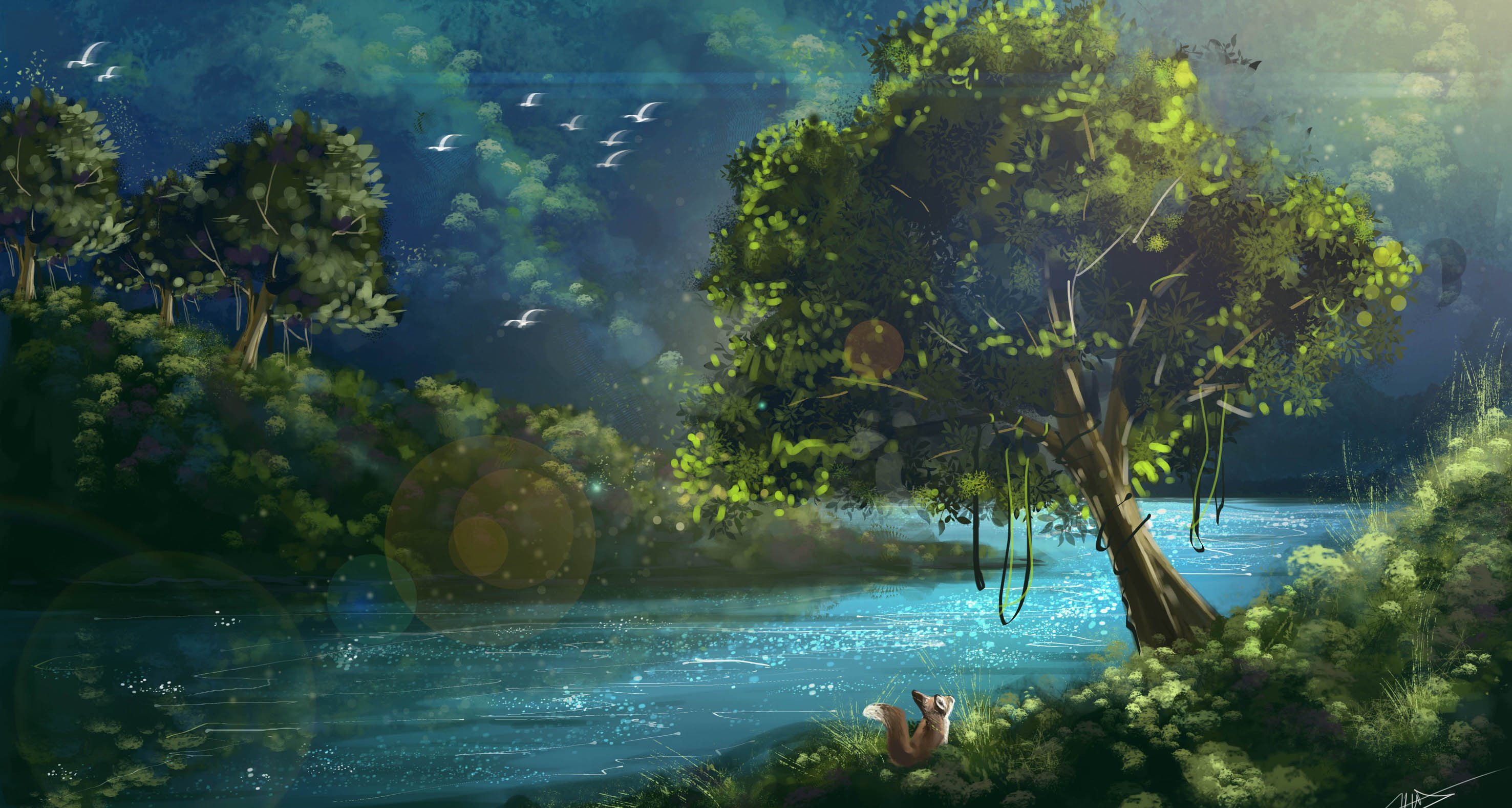 Nature River Painting - 2953x1577 Wallpaper 