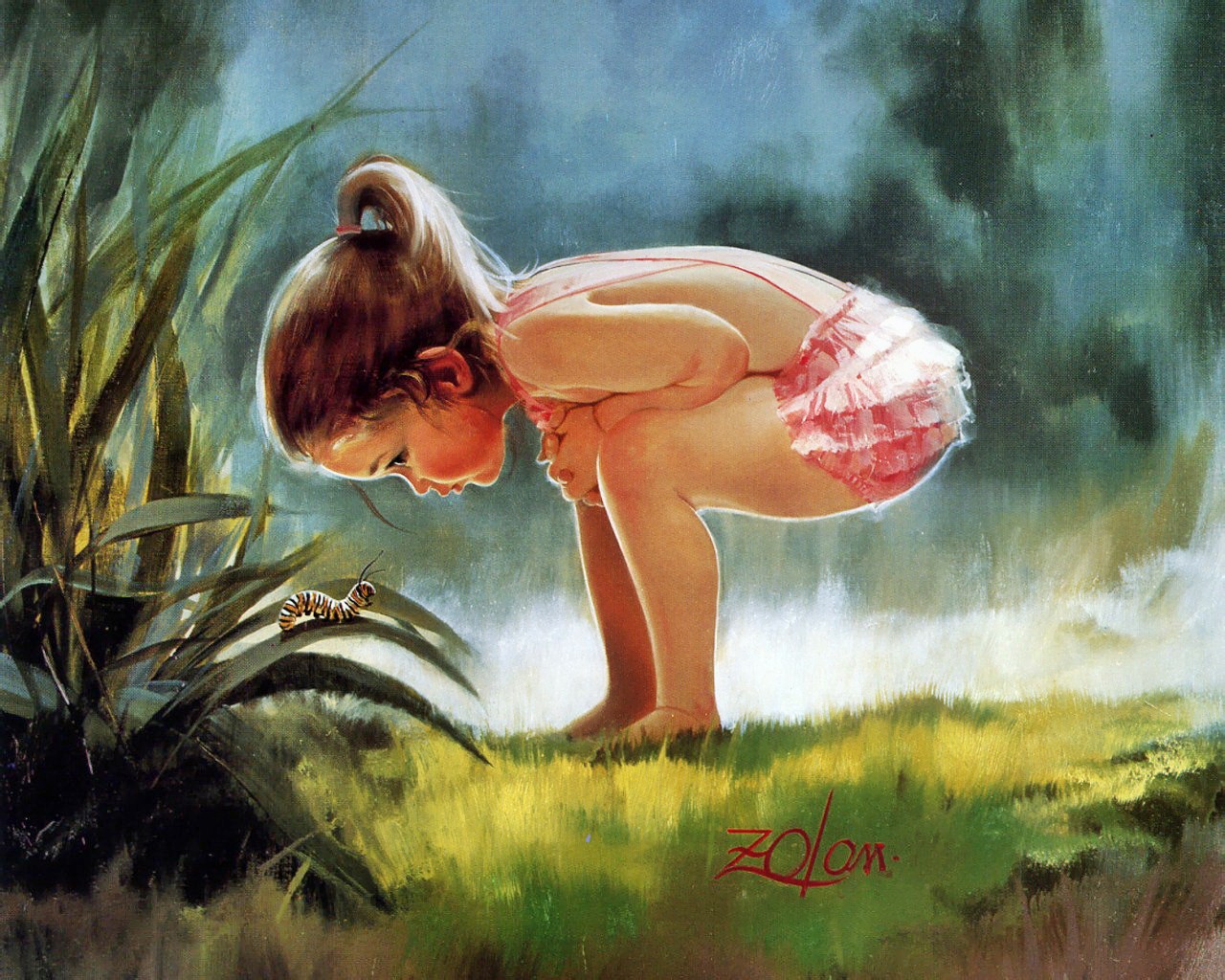 18 Painting Wallpaper - Girl Looking At Caterpillar Painting - HD Wallpaper 
