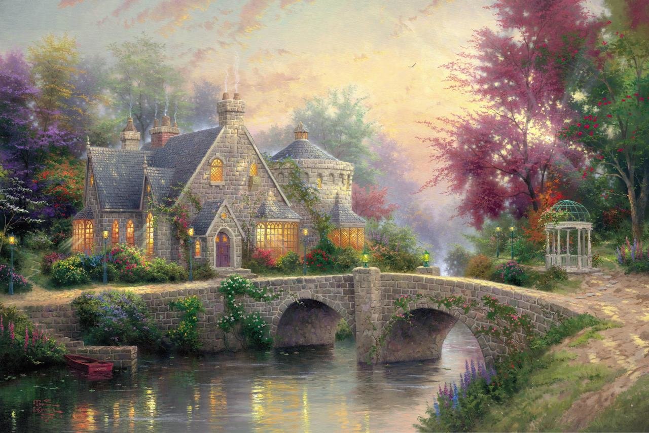 Best Oil Painting Wallpaper Id - Thomas Kinkade Famous Painting - HD Wallpaper 