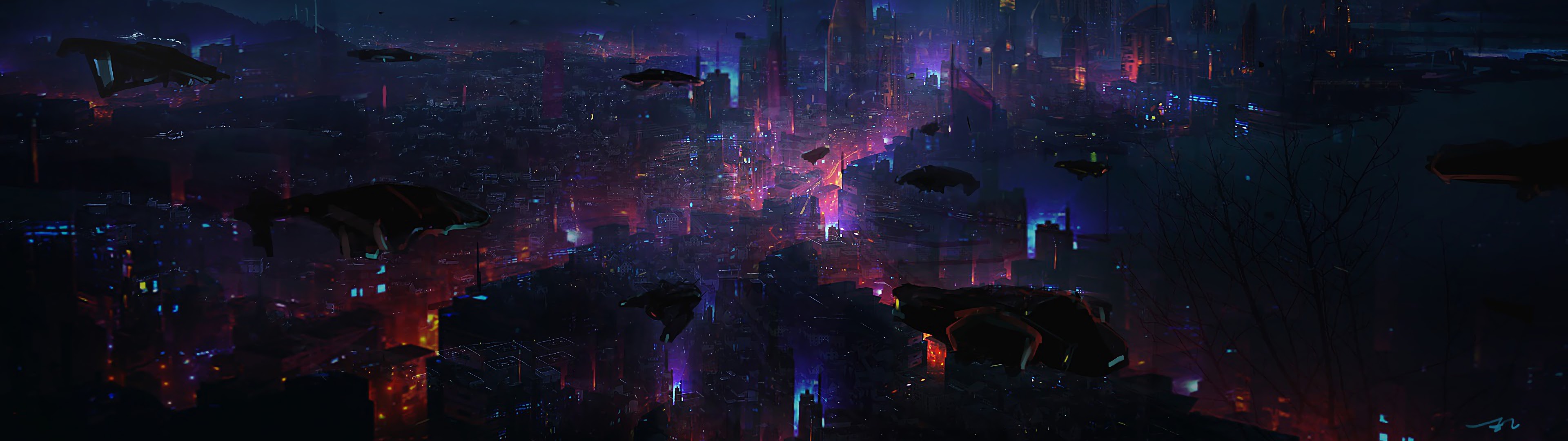 Cyberpunk, City, Night, Scenery, Sci-fi, 4k, - Cyberpunk Wallpaper Dual Monitor - HD Wallpaper 