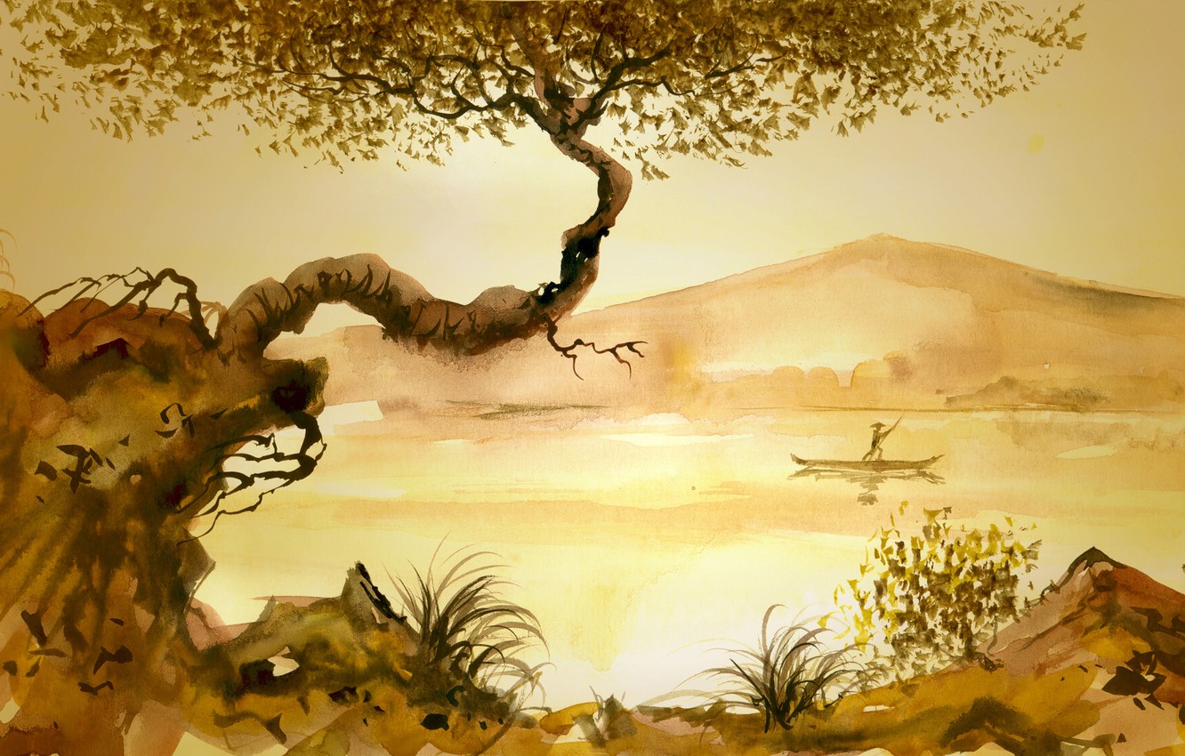 Photo Wallpaper Grass, River, Tree, People, Chinese - Chinese Painting - HD Wallpaper 