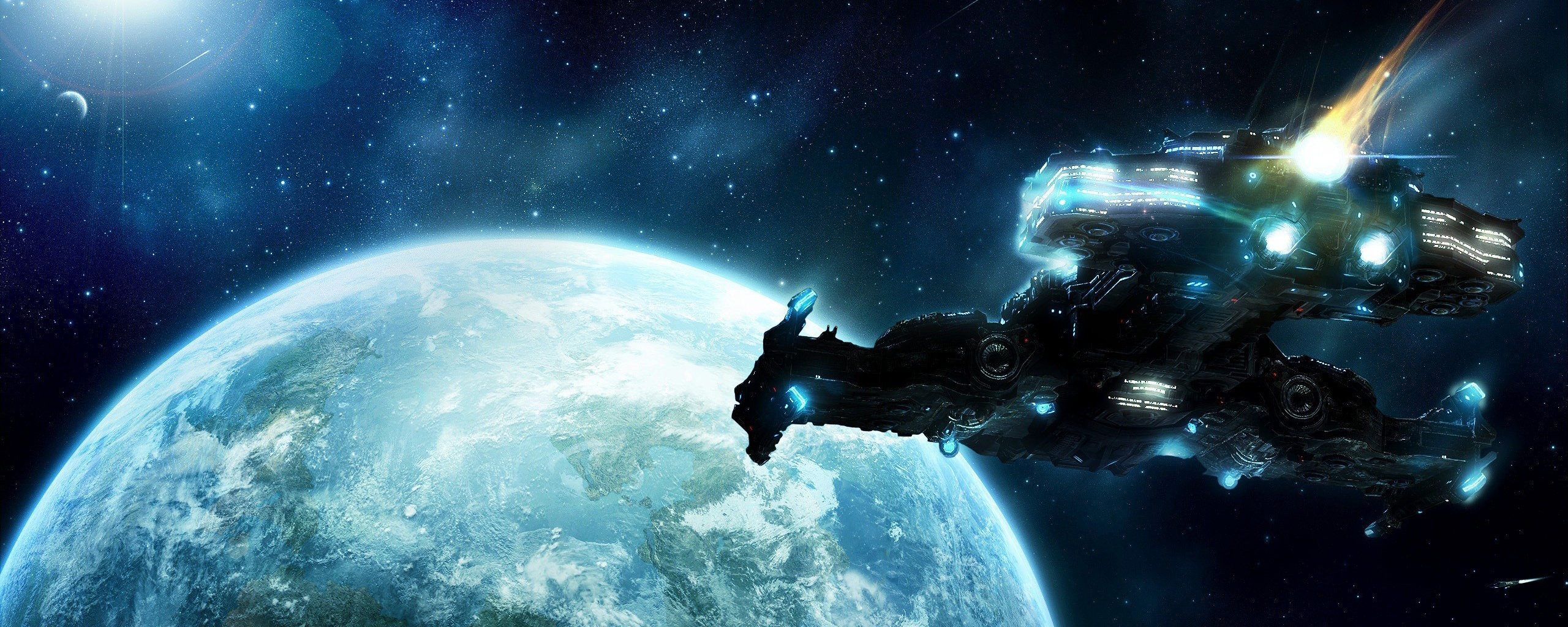 Free Download Starcraft 2 Wallpaper Id - Spaceship Going To A Planet - HD Wallpaper 