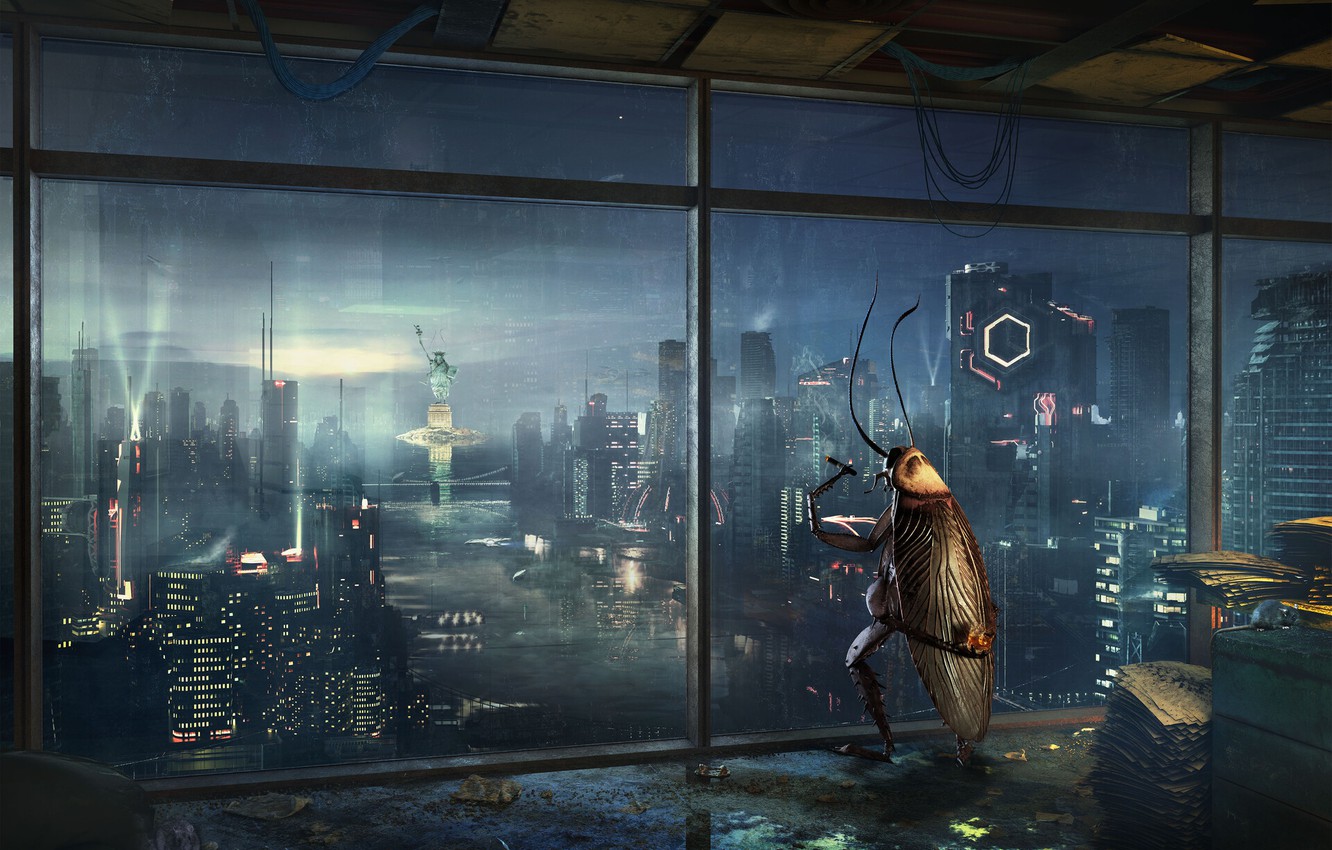 Photo Wallpaper The City, Panorama, Windows, Fantasy, - Cockroach Fantasy Art - HD Wallpaper 