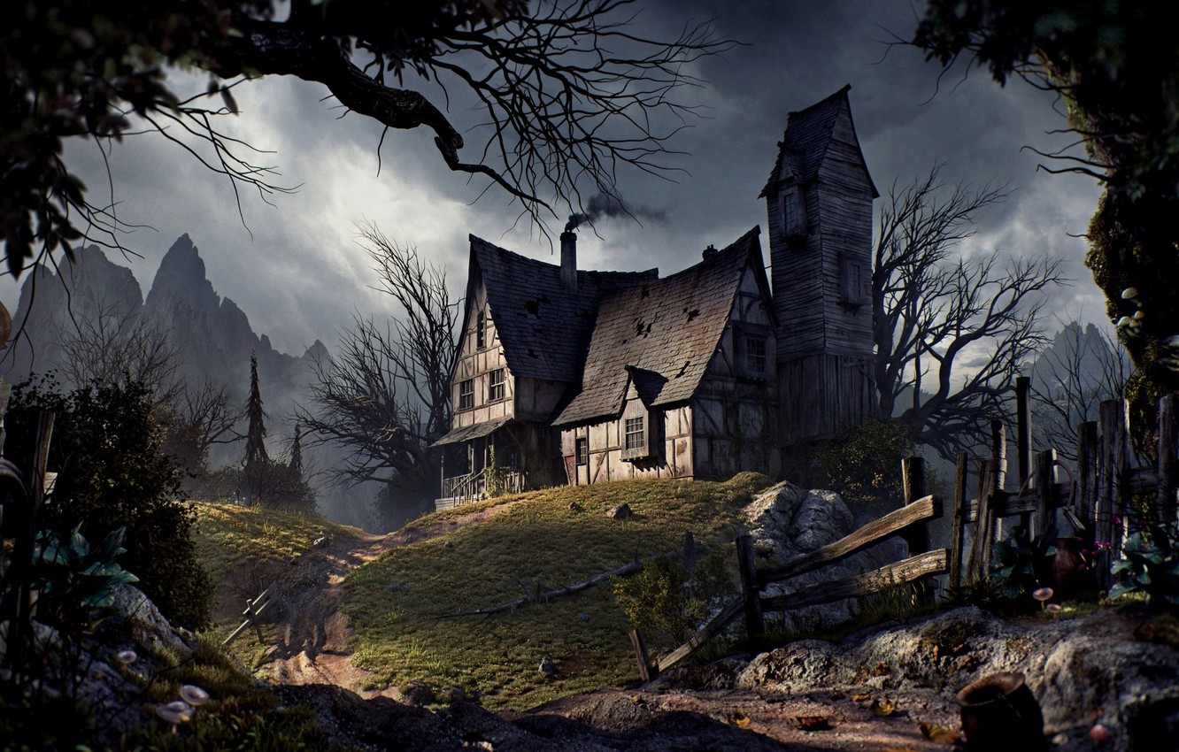 Photo Wallpaper Road, Trees, Mountains, The Fence, - Halloween Old House - HD Wallpaper 