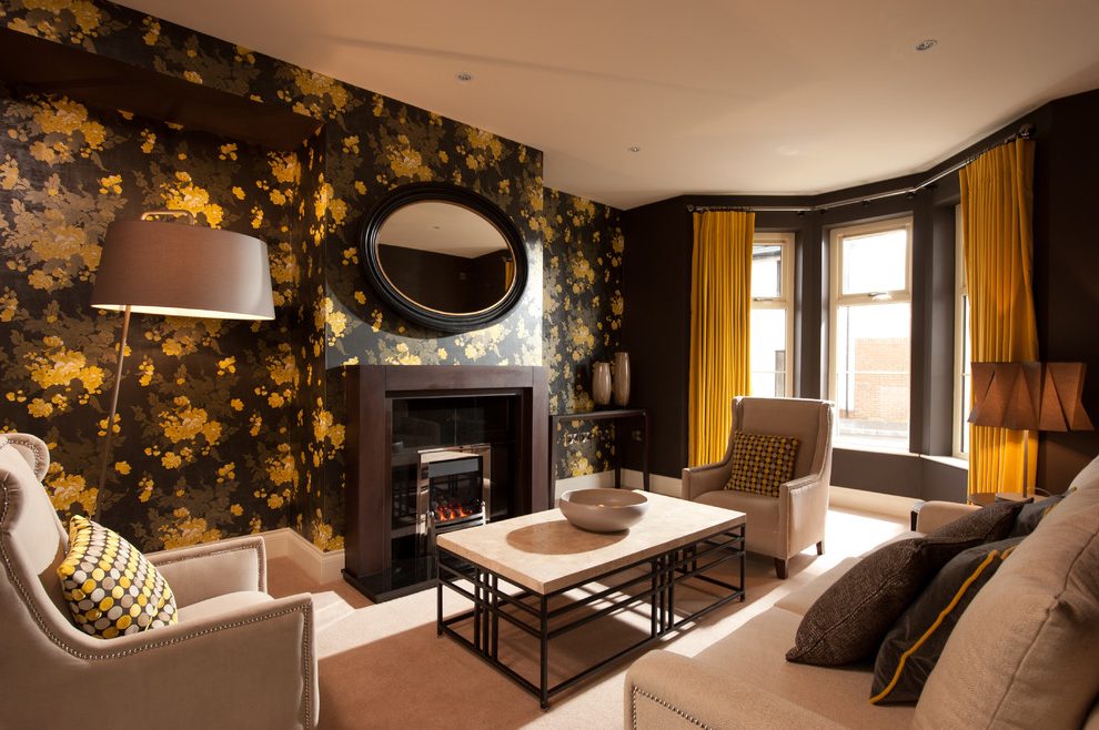 Belfast Yellow Flowers With Removable Wallpaper Living - Living Room - HD Wallpaper 