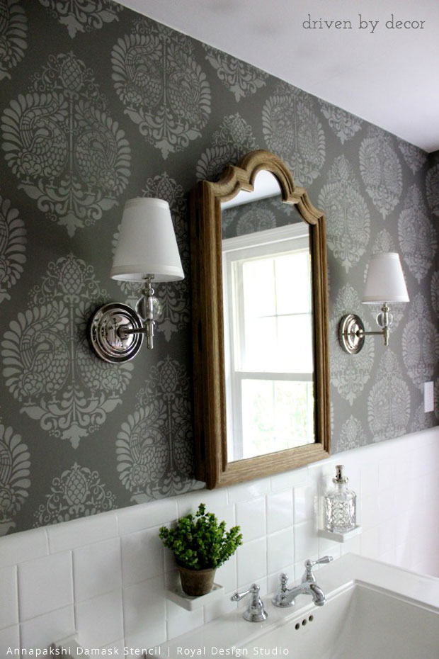 Powder Bath Makeover Via Driven By Decor - Stencil Walls In Bathroom - HD Wallpaper 
