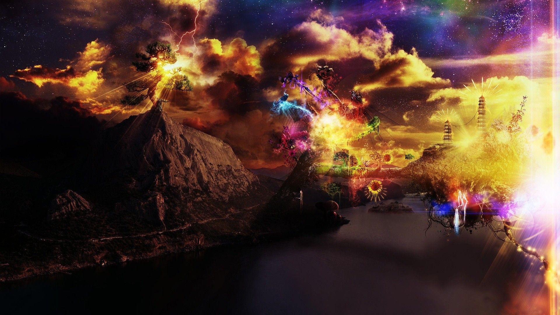 Multi-color Fantasy Fireworks Hd Wallpaper - Surreal Art - HD Wallpaper 