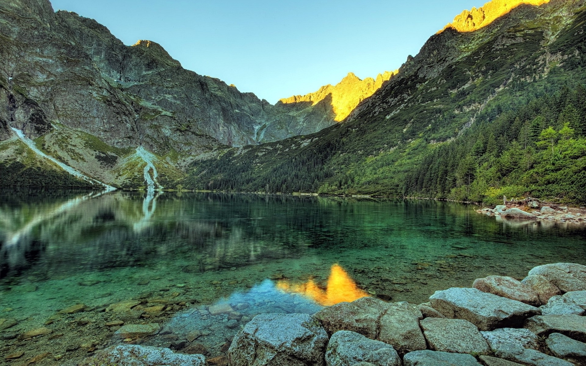 Rocky Lake By The Forest Mountain Wallpaper Jpg - Morskie Oko - HD Wallpaper 