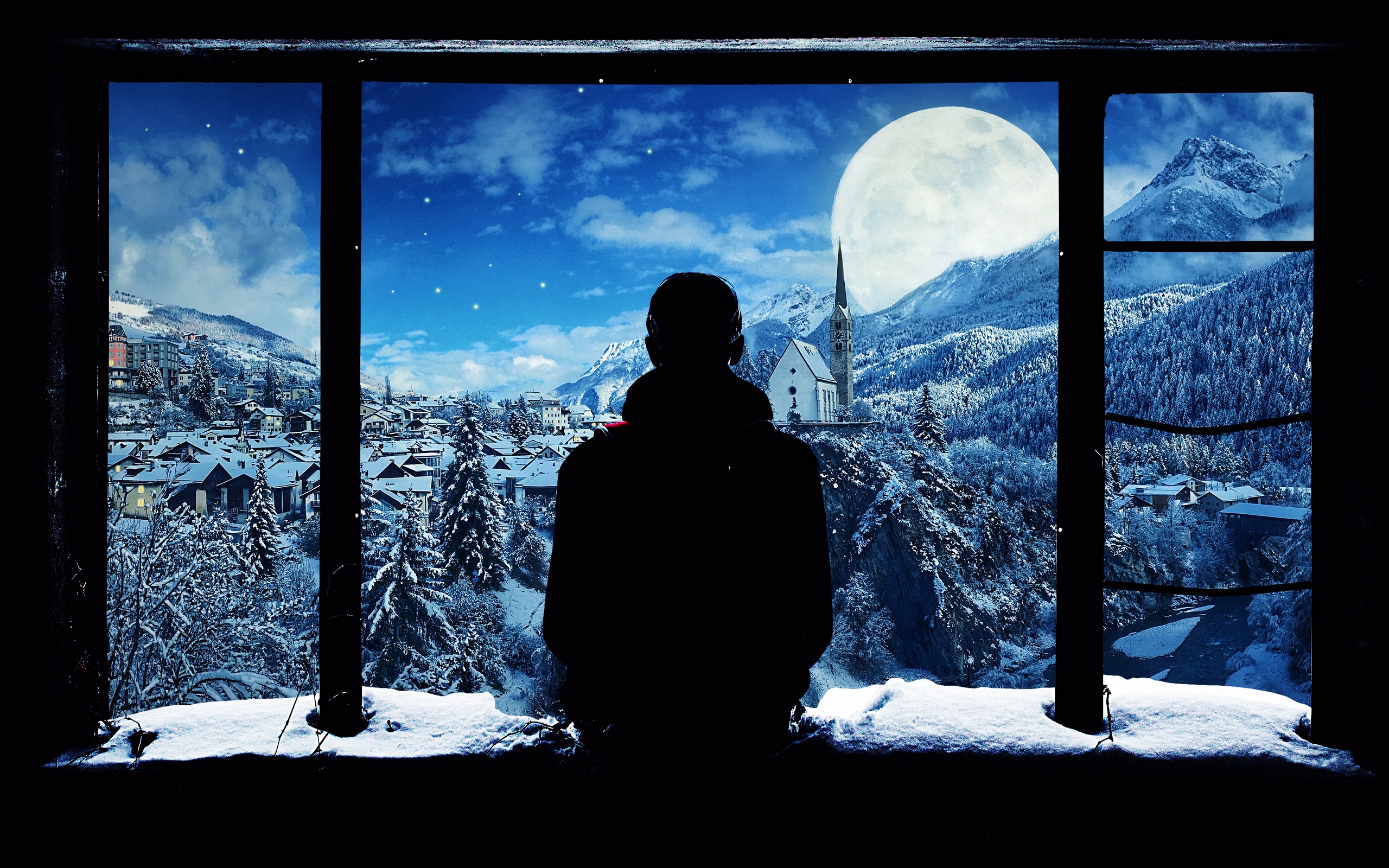 Wallpaper Silhouette, Window, Lonely, Snow, Mountains - Wallpaper - HD Wallpaper 