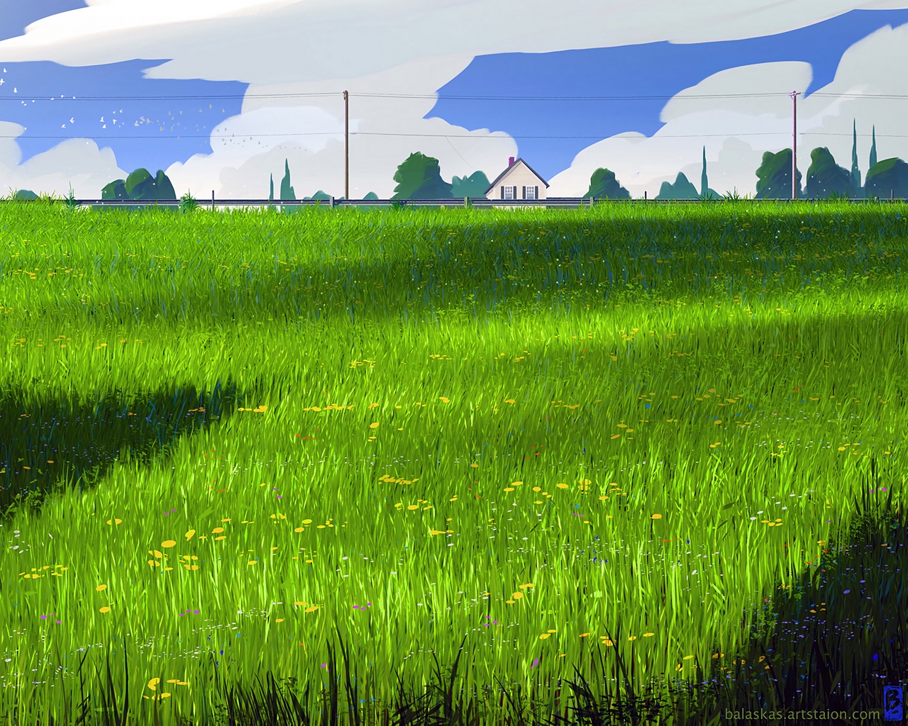 Wallpaper House, Meadow, Art, Field, Grass - Digital Painting Grass Field - HD Wallpaper 