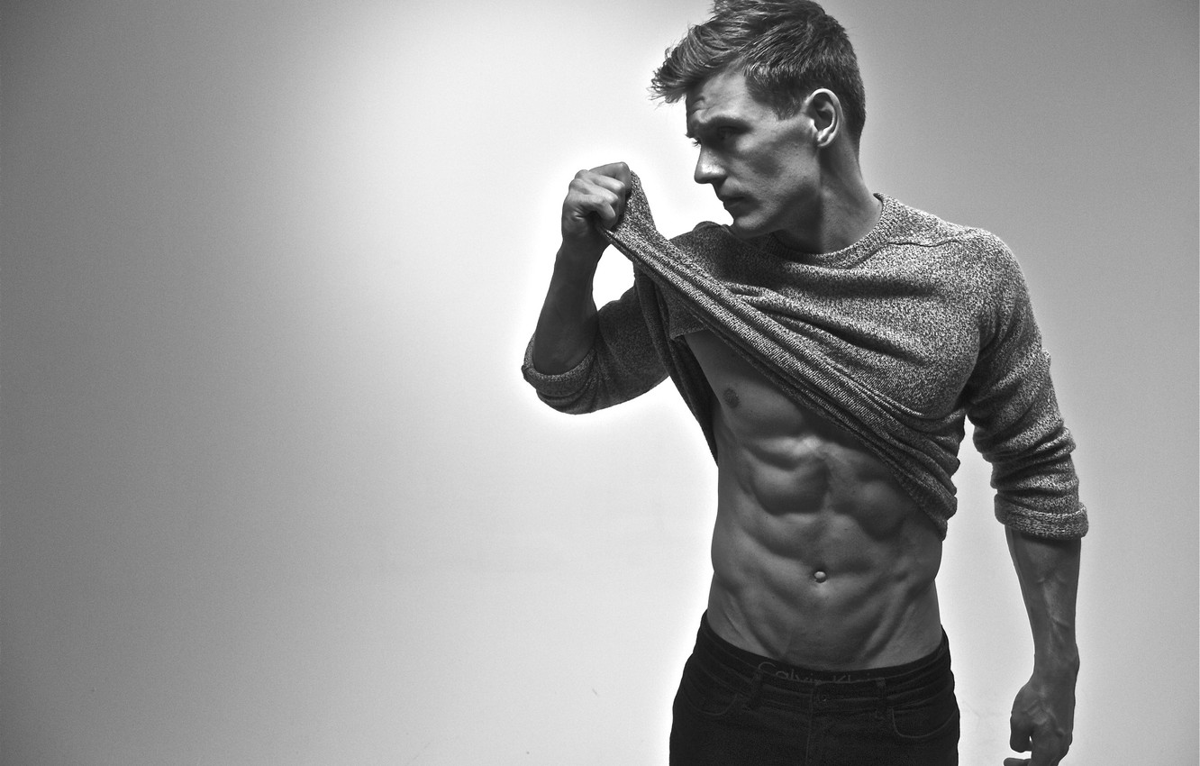 Photo Wallpaper White, Black, Men, Pose, Abs - Men Wallpaper Black And White - HD Wallpaper 