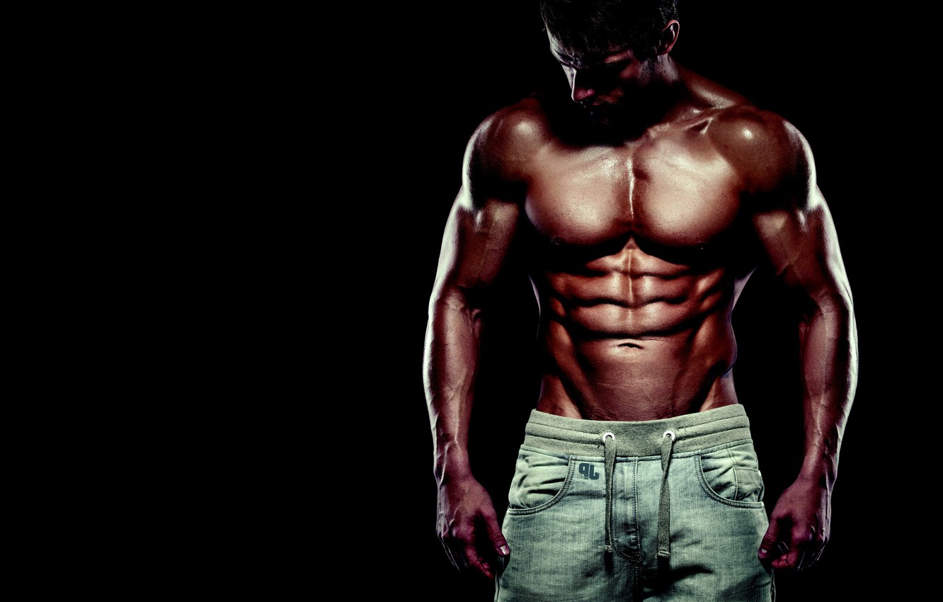 Photo Wallpaper Look, Pose, Muscle, Muscle, Press, - Bodybuilder With Black Background - HD Wallpaper 