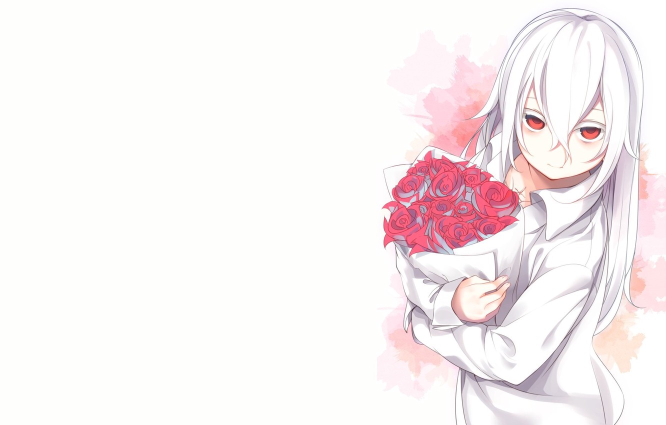 Photo Wallpaper Roses, Bouquet, Anime, Art, Guy, Albino - Anime Girl White Hair Red Eyes - HD Wallpaper 