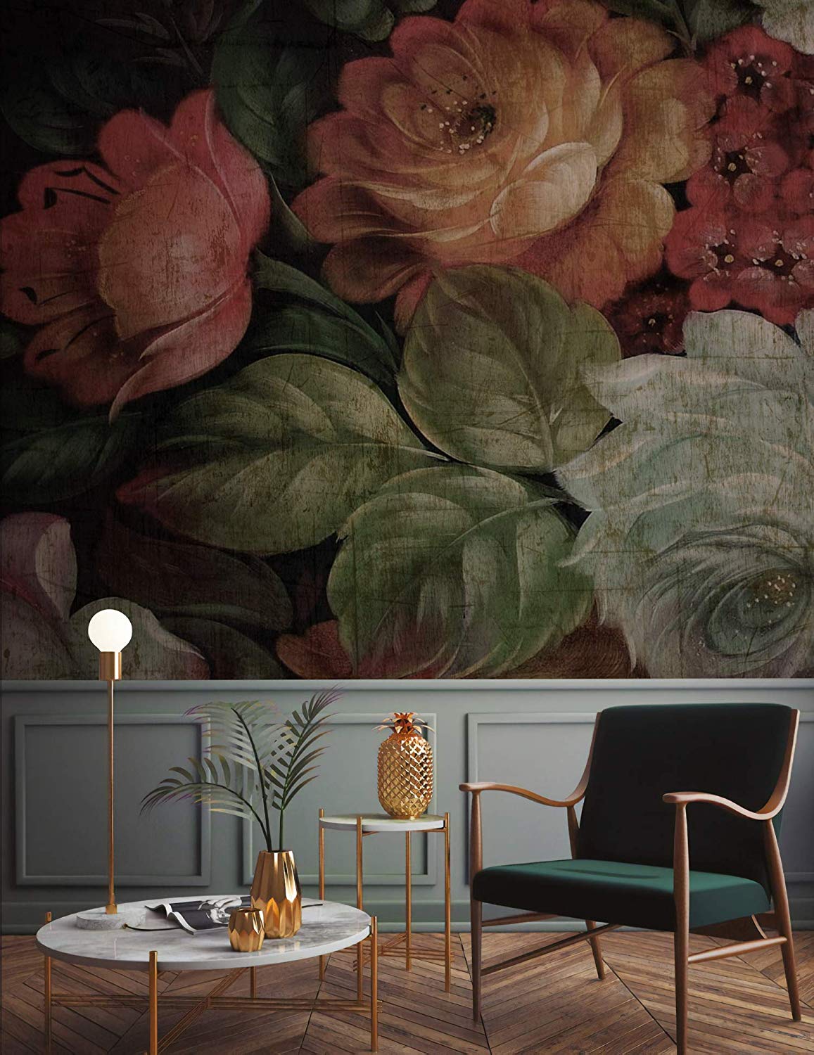 Dark Floral Mural Bedroom - HD Wallpaper 