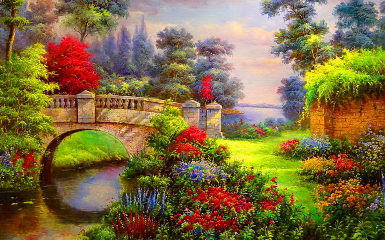Vibrant Flowers Bridge River Wallpapers - Bridge River With Flowers - HD Wallpaper 