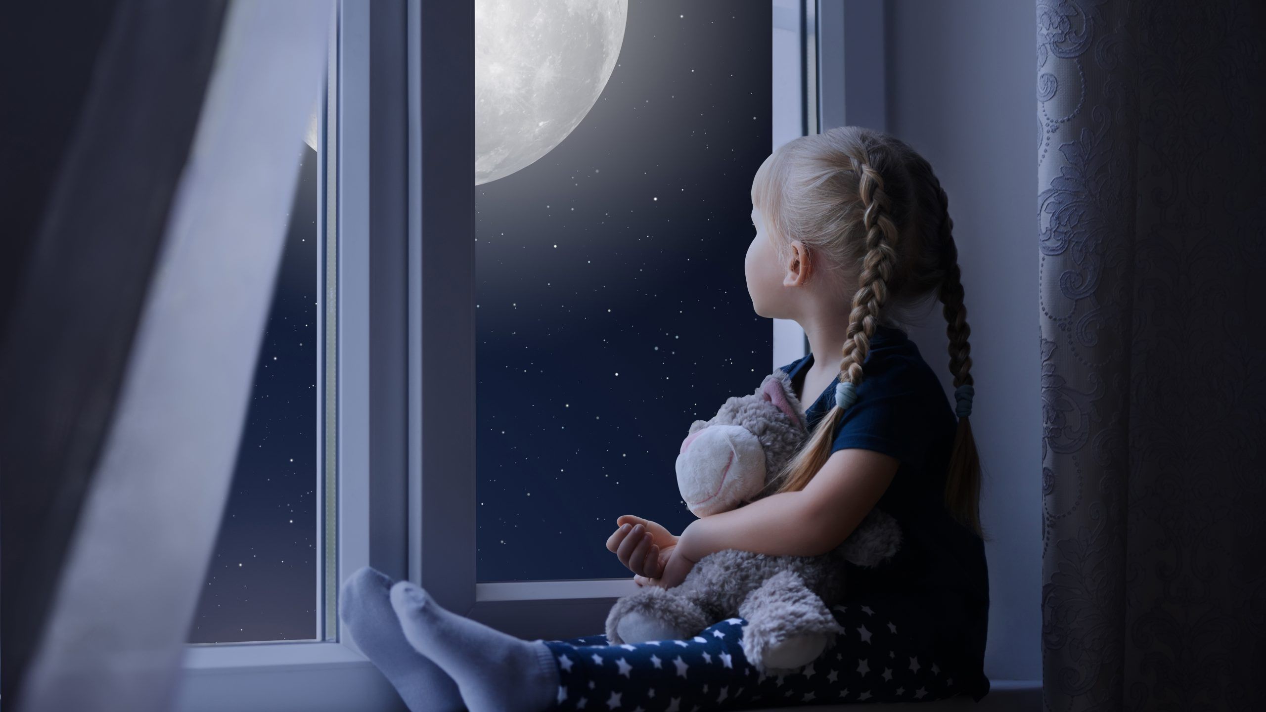Little Girl Sad Window Teddybear Night Moon 8k Wallpaper - Cute Girl With Teddy Bear Hd - HD Wallpaper 