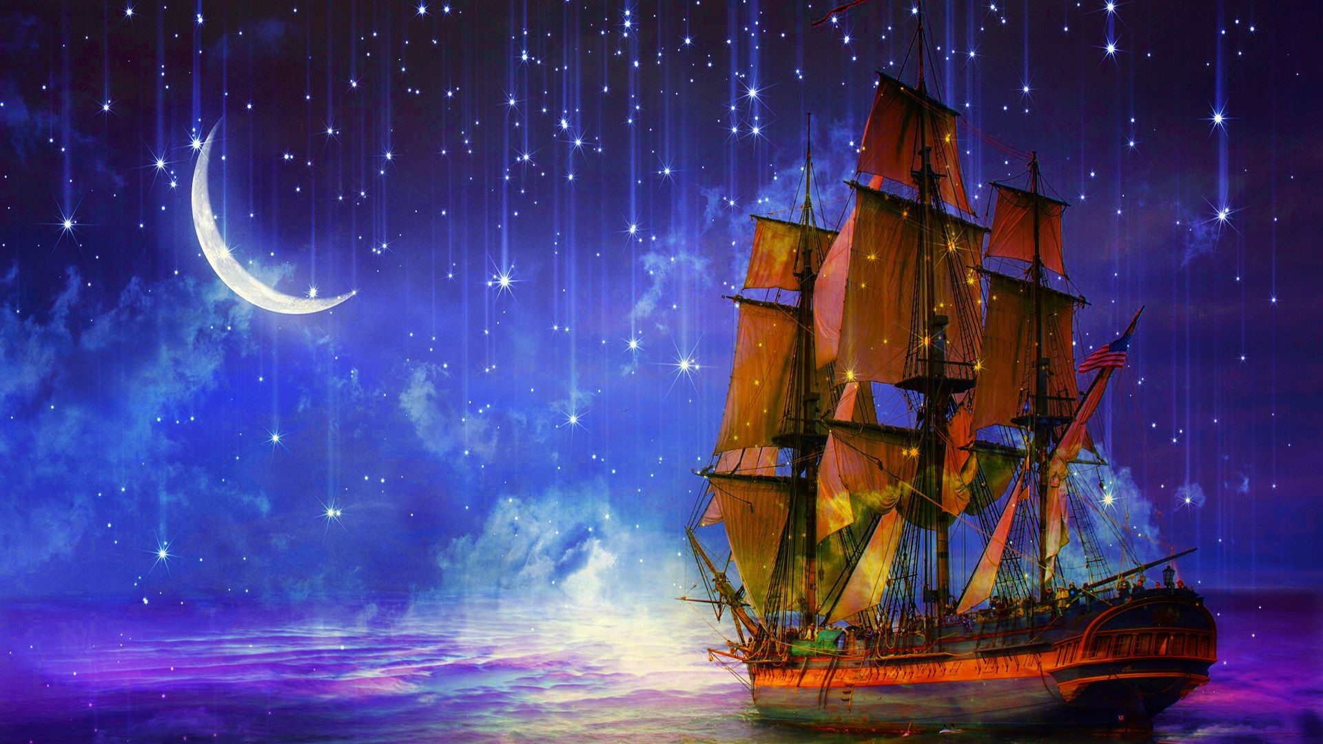 Beautiful Shooting Stars Boat Wallpaper - Ocean Moon And Stars - HD Wallpaper 