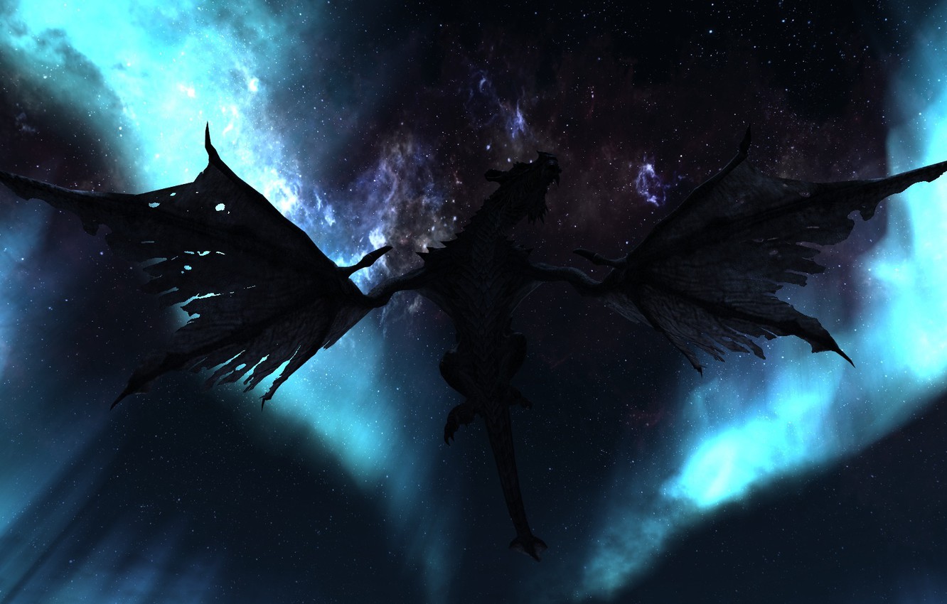 Photo Wallpaper The Sky Stars Flight Night Dragon Skyrim Night