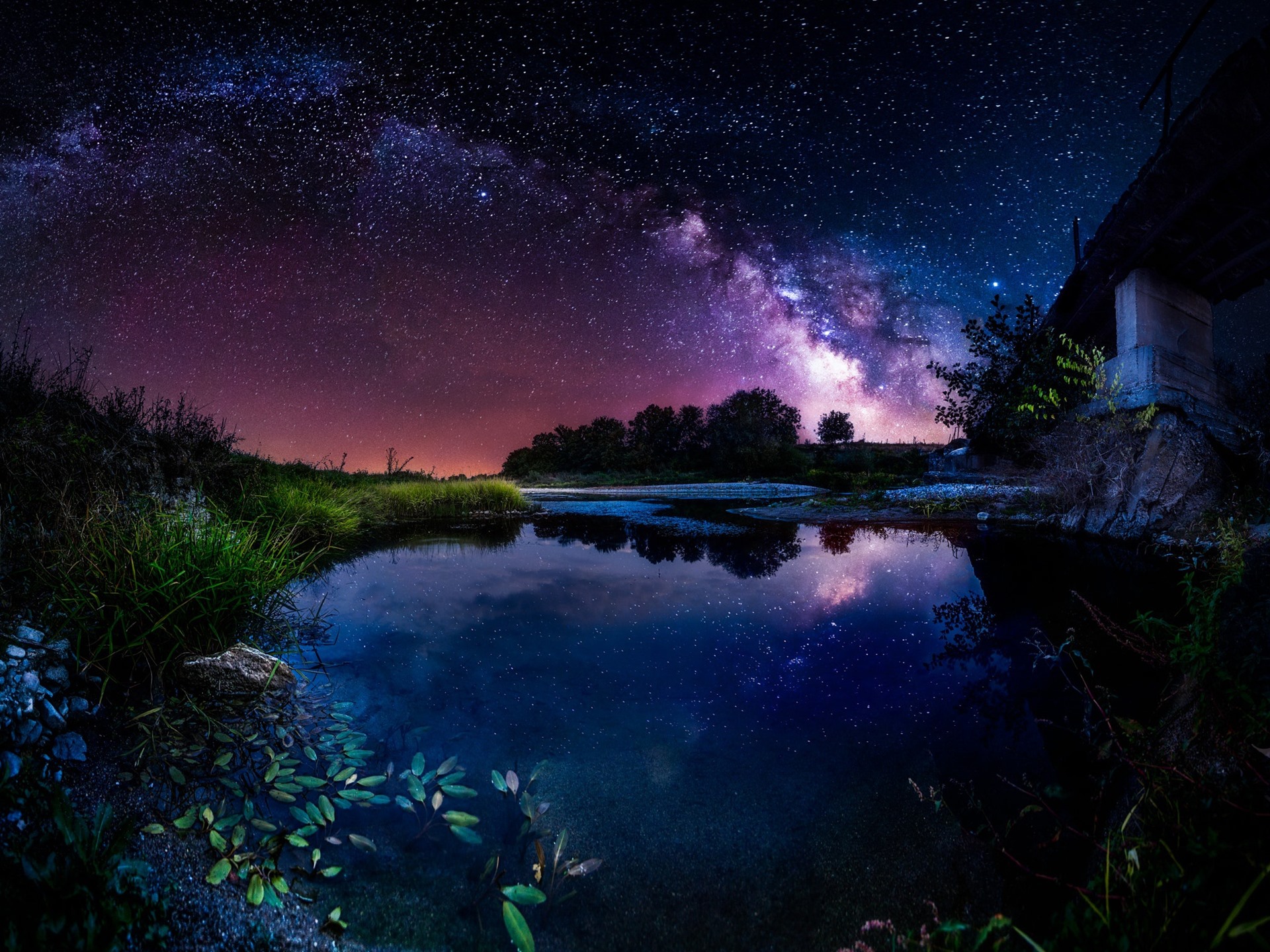 Wallpaper Beautiful Night, Pond, House, Starry, Sky, - Milky Way Landscape Wallpapers Hd - HD Wallpaper 