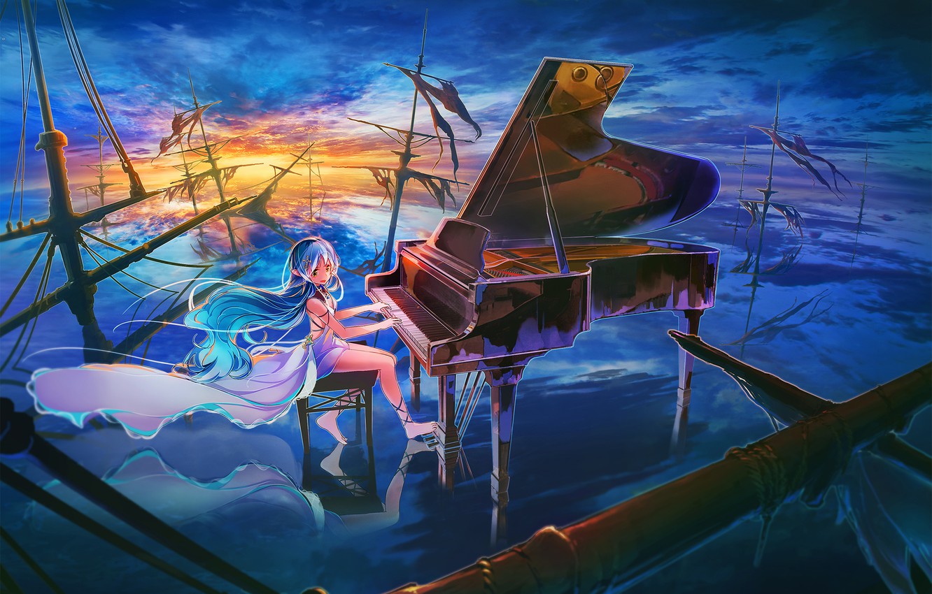 Photo Wallpaper The Sky, Girl, Clouds, Sunset, Ships, - Anime Girl Playing Piano - HD Wallpaper 