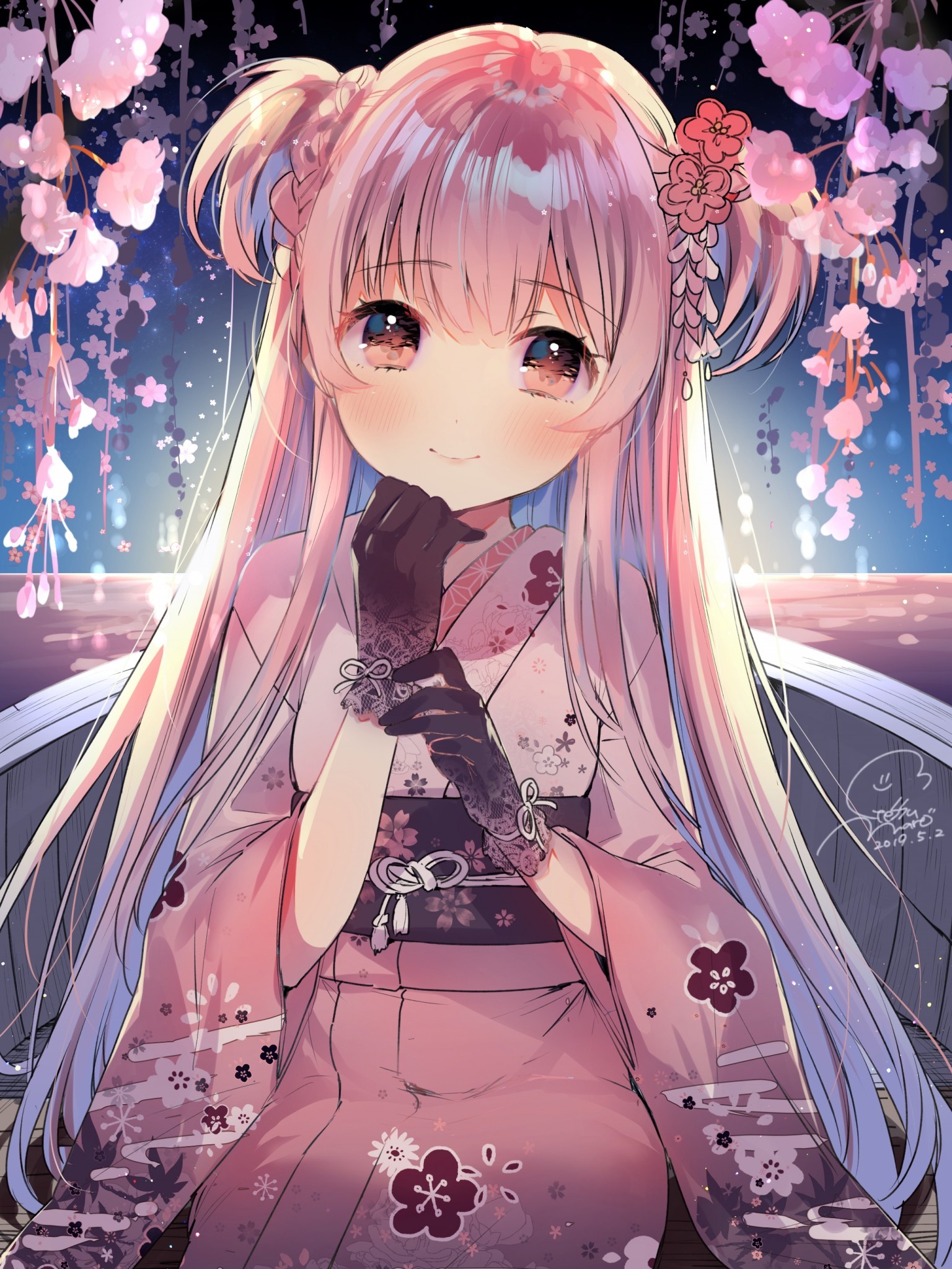 Anime Girl, Long Hair, Kimono, Moe, Cute, Gloves, Flowers - Anime