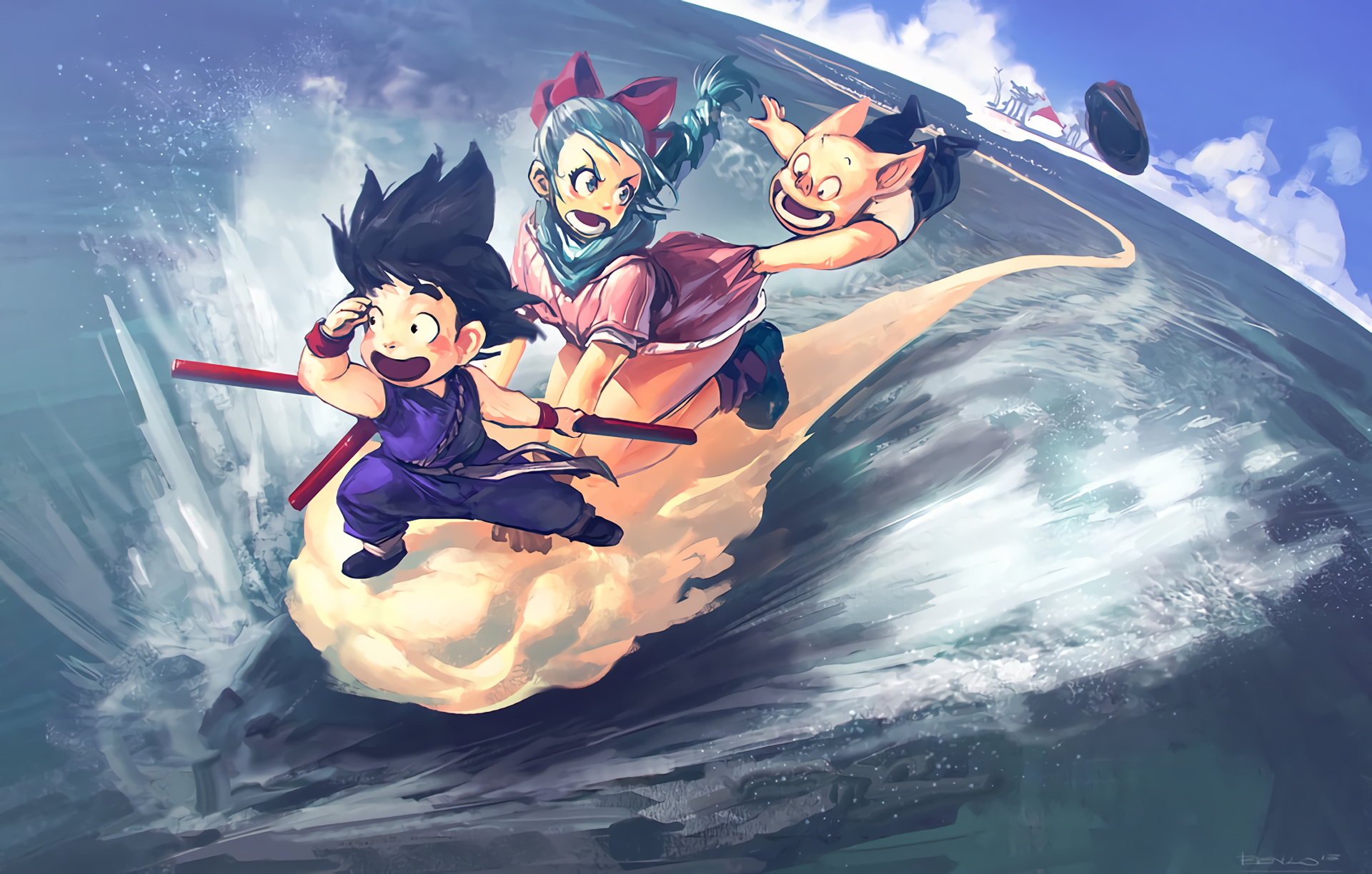 Nime Dragon Ball Goku Bulma Oolong Flying Nimbus Hd - Dragon Ball Wallpaper Fanart - HD Wallpaper 