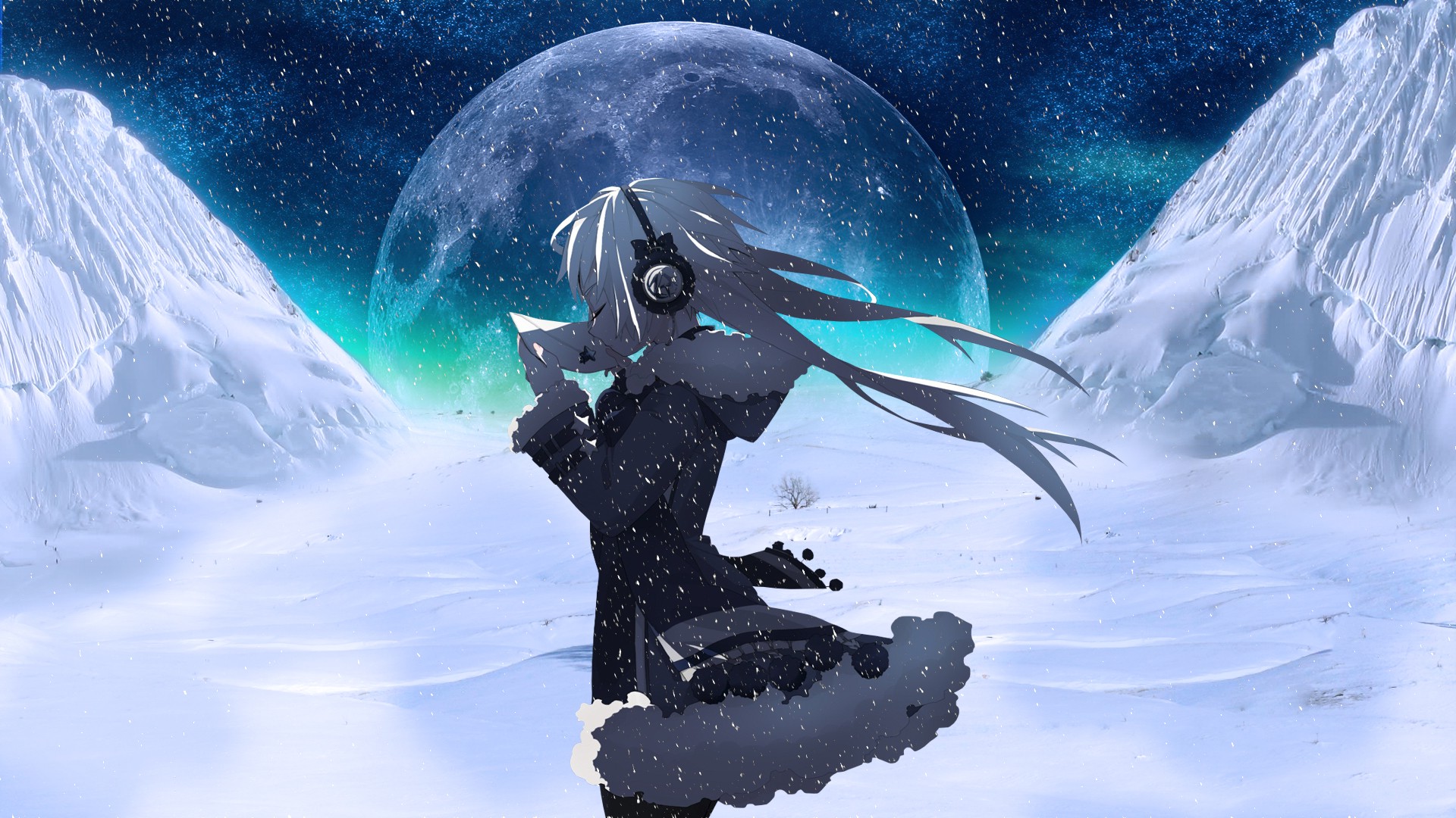 Anime Wallpapers » Moon, Headphones, Snow, Night, Anime - Anime Girl In Snow - HD Wallpaper 