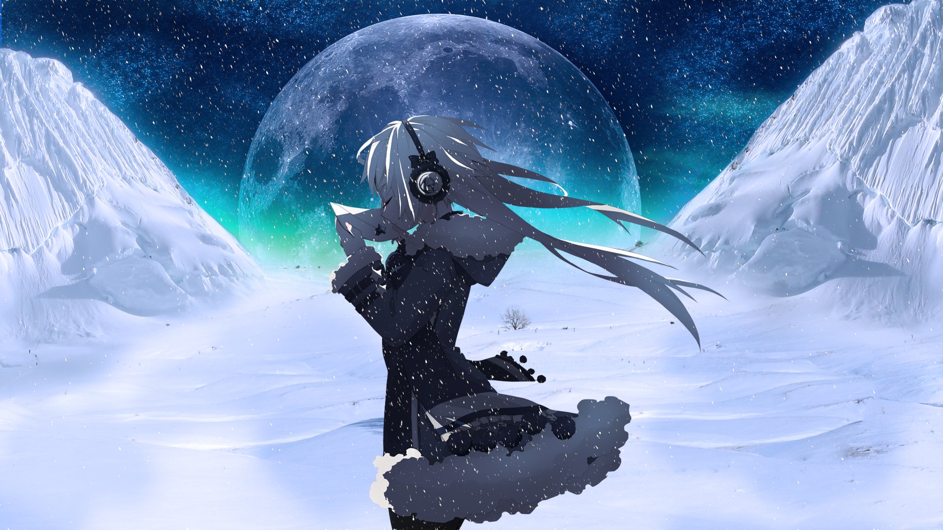 Anime Wallpapers » Moon, Headphones, Snow, Night, Anime - Anime Girl In Snow - HD Wallpaper 