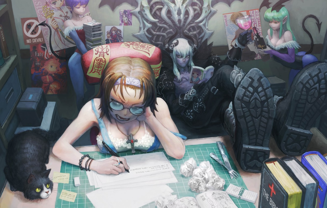 Photo Wallpaper Cat, Girl, Books, The Devil, Art, Demons, - Darkstalkers Background - HD Wallpaper 