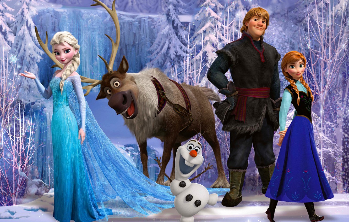 Photo Wallpaper Snow, Snowflakes, Ice, Deer, Snowman, - Обои Эльза И Анна - HD Wallpaper 