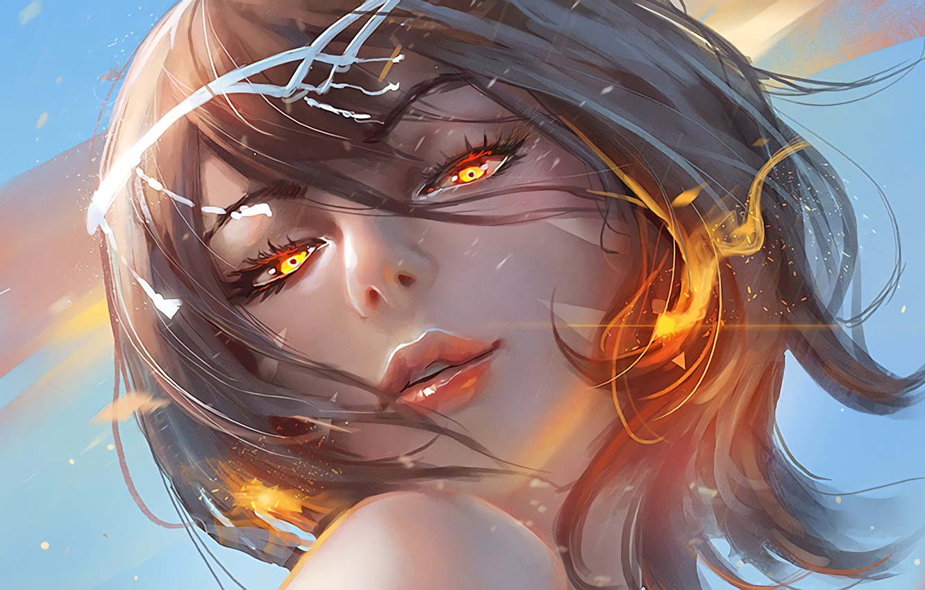 Photo Wallpaper Girl, Fire, Eyes, Art, Face, Digital - Digital Painting  Anime Face - 1332x850 Wallpaper 