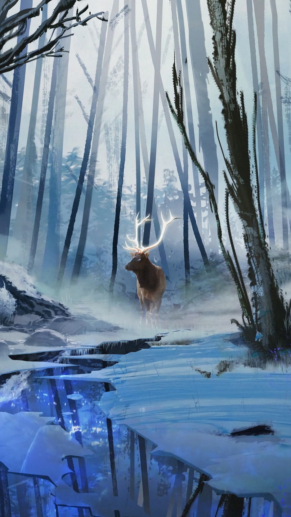 Wallpaper Deer, Art, Forest, River, Winter - Phone Wallpapers Winter Art - HD Wallpaper 