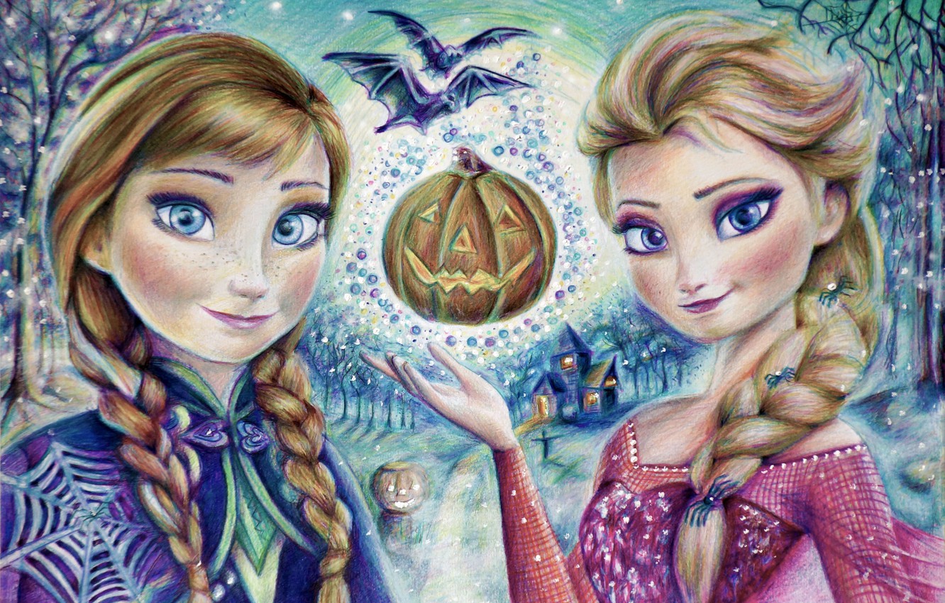 Photo Wallpaper Girls, Pumpkin, Halloween, Halloween, - Anna And Elsa Halloween - HD Wallpaper 