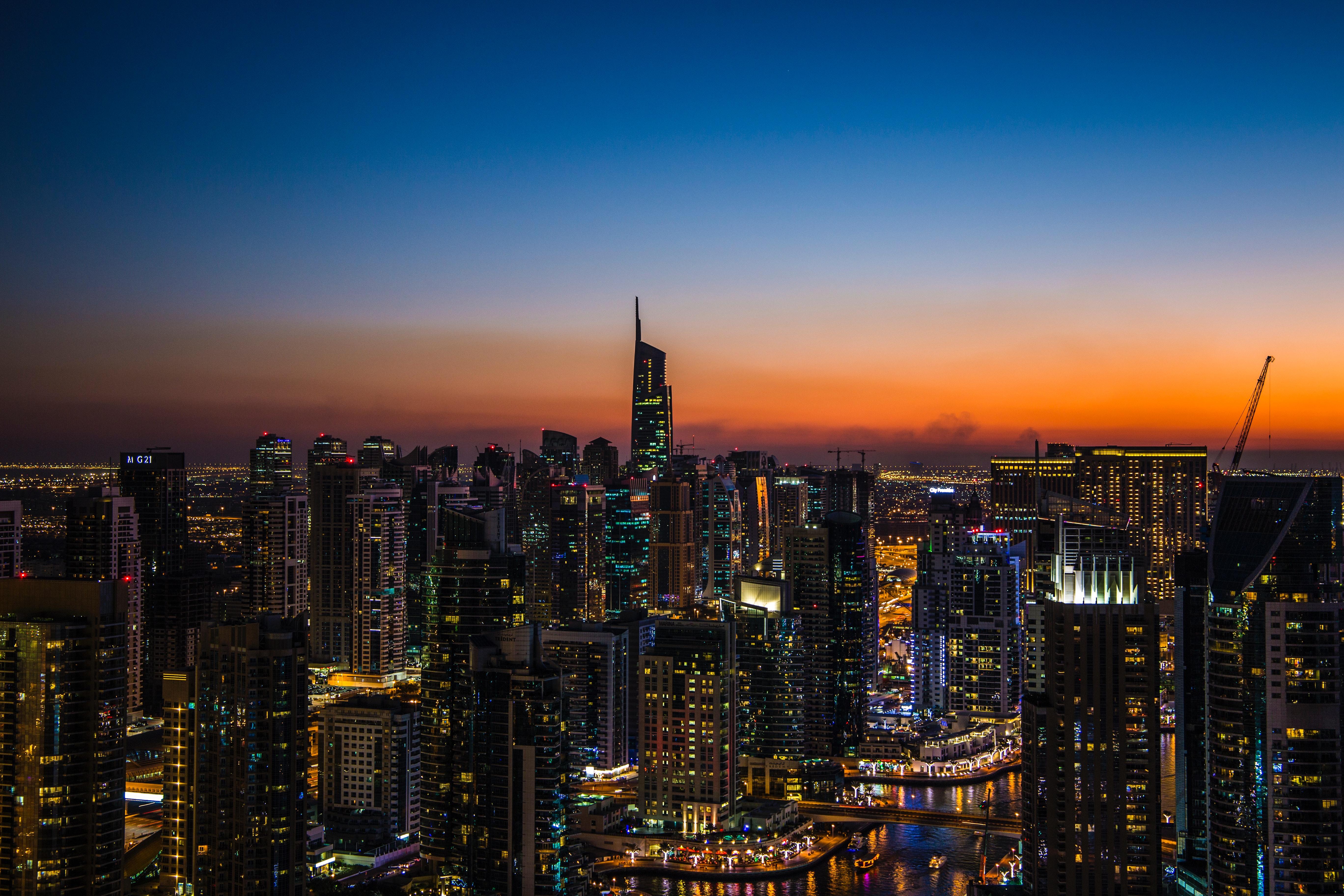 Night City, Skyscrapers, Sunset, Aerial View, City - Beautiful Buildings At Night - HD Wallpaper 