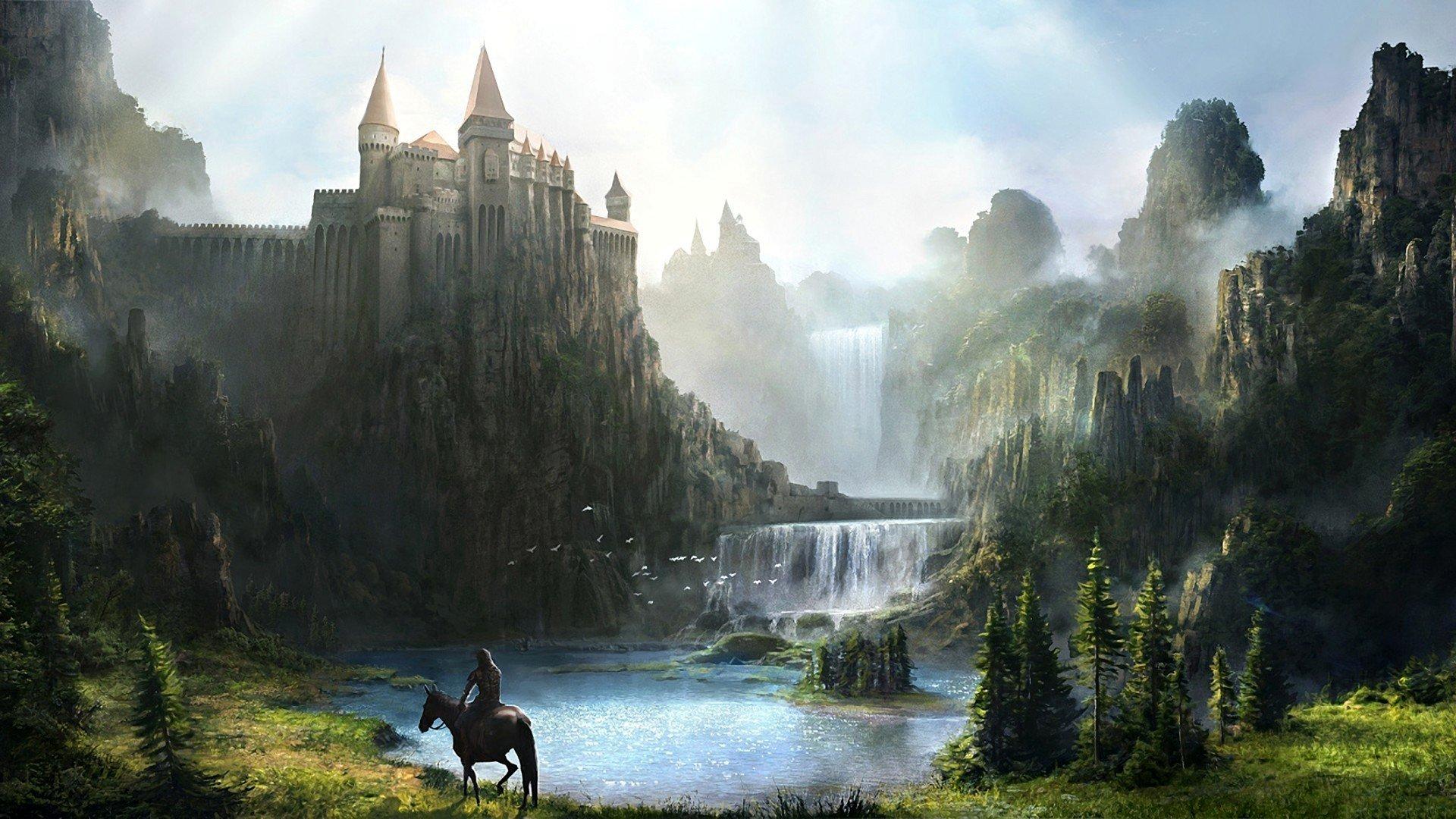 Wallpaper Kingdom Castle Rock Waterfall Wanderer - Fantasy Castles On Mountains - HD Wallpaper 