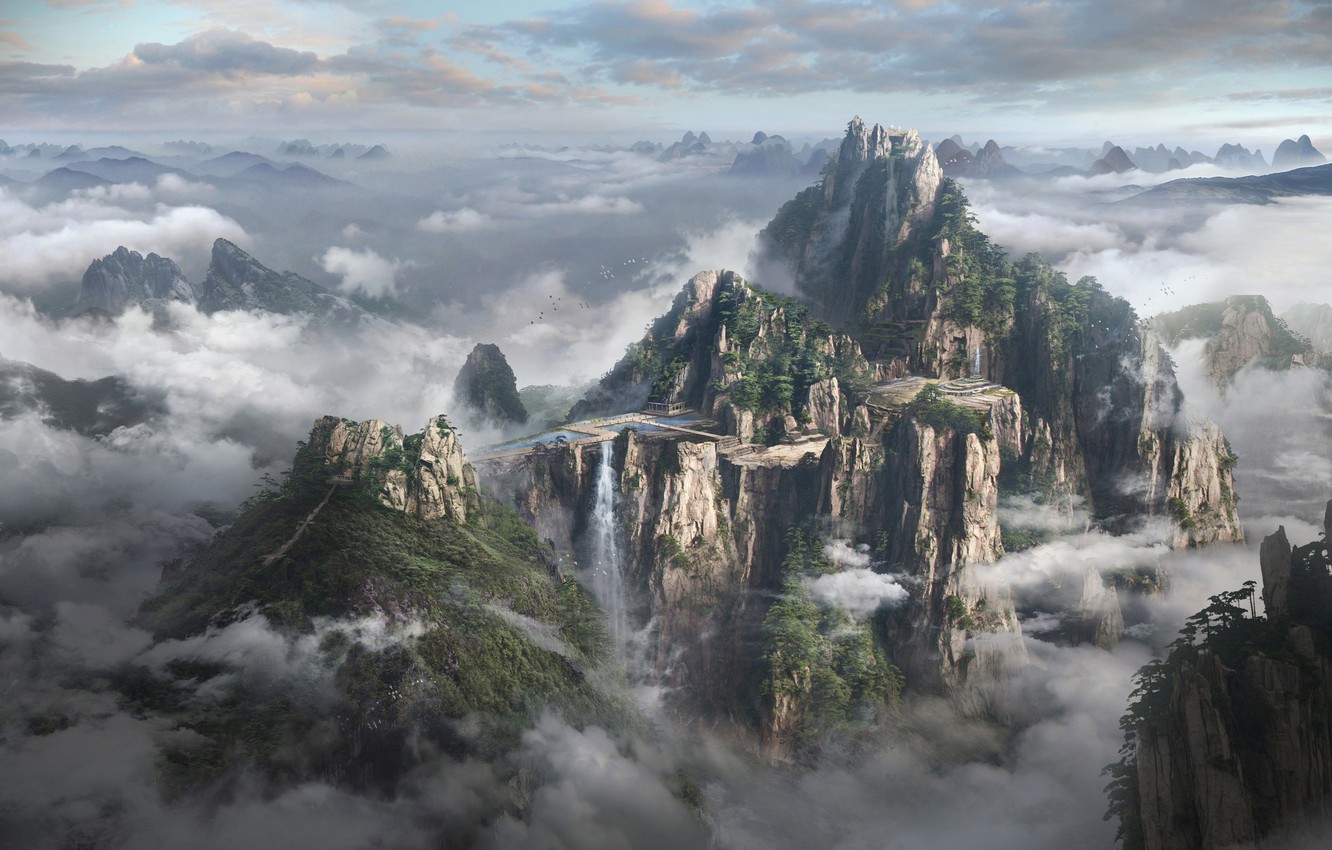 Photo Wallpaper Mountains, Facilities, To The Sky Kingdom - Tv Serial Matte Painting - HD Wallpaper 