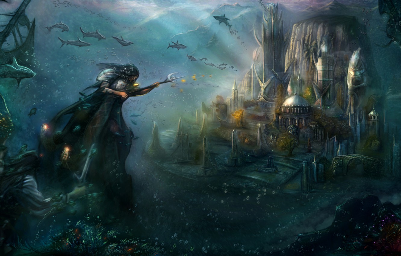 Photo Wallpaper Fish, The City, Art, Jellyfish, Trident, - Fantasy Underwater - HD Wallpaper 