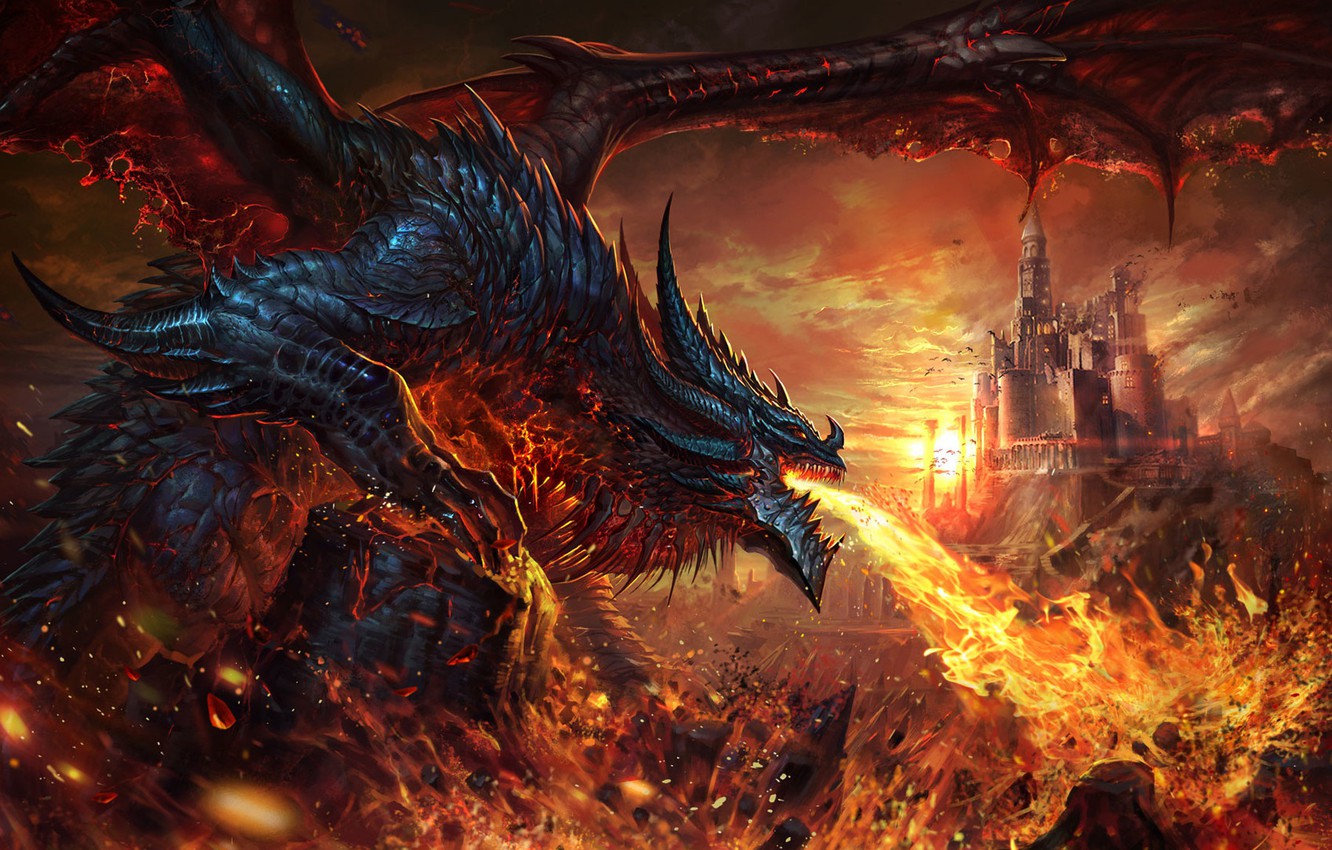 Photo Wallpaper Castle, Fire, Dragon, Fantasy, Art, - Dragon Fantasy Art - HD Wallpaper 