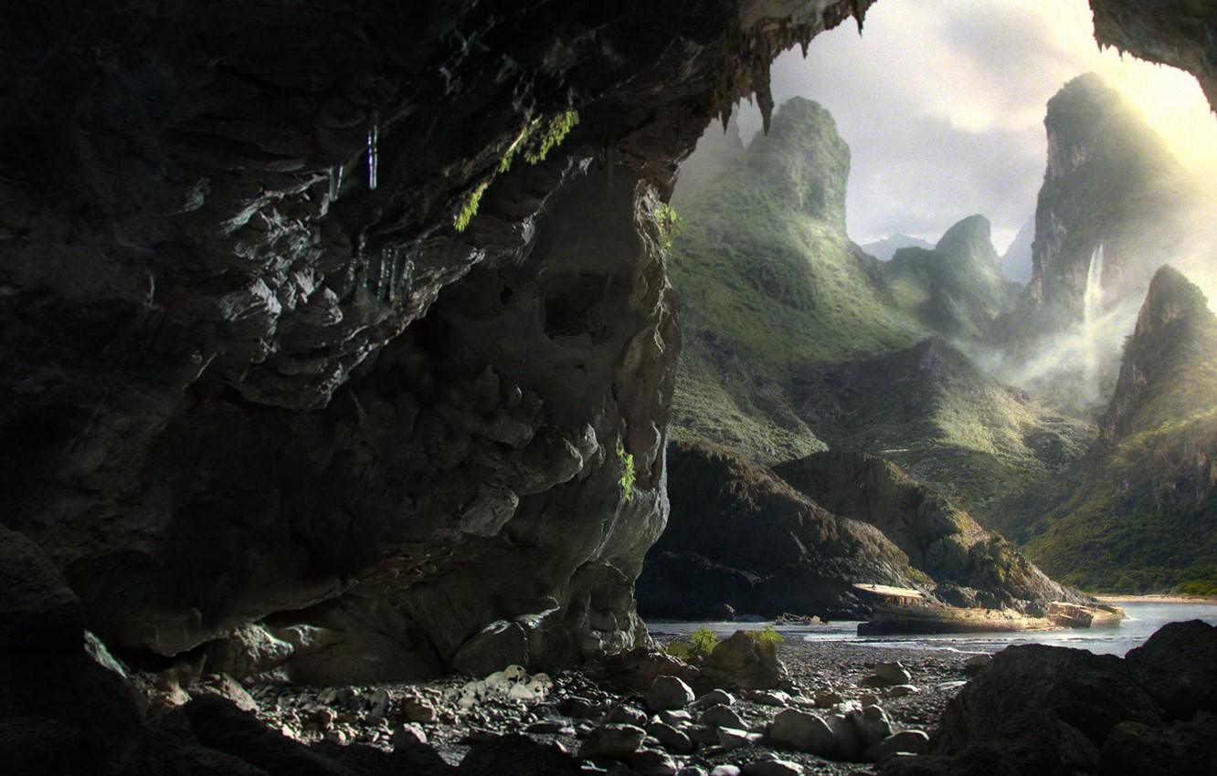 Photo Wallpaper Mountains, Nature, Pond, Skull Island, - Sea Cave - HD Wallpaper 