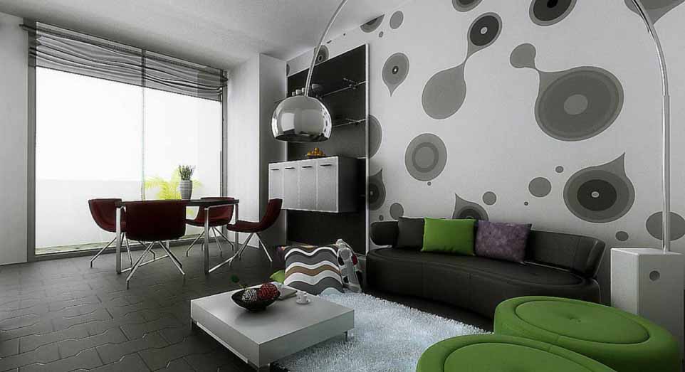 Contoh Ide Desain Interior Rumah Dengan Wallpaper Minimalis - Living Room Cum Dining Hall - HD Wallpaper 