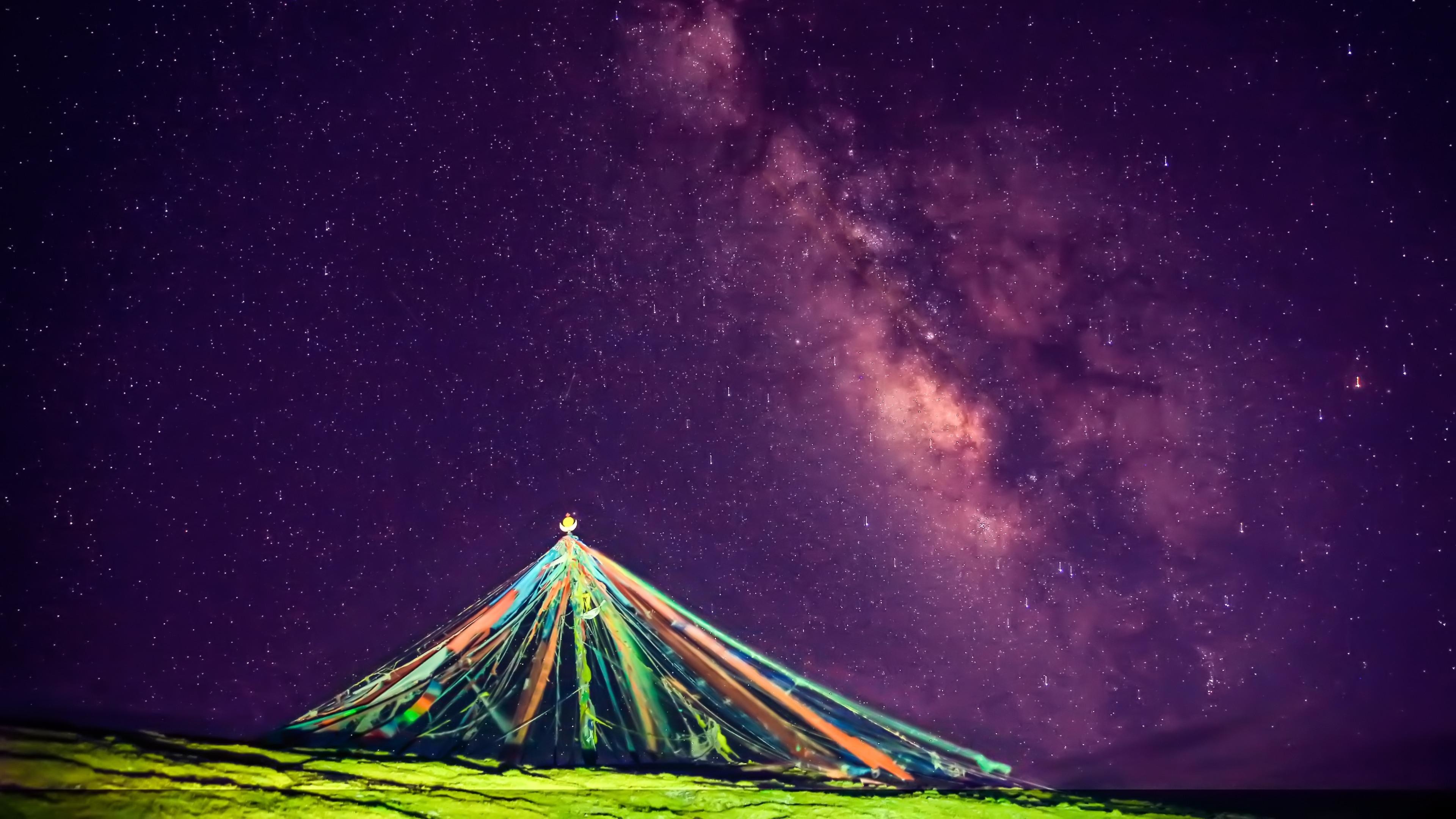 3840x2160, Prayer Flags Pile With The Milky Way Wallpaper - Milky Way Galaxy 4k - HD Wallpaper 