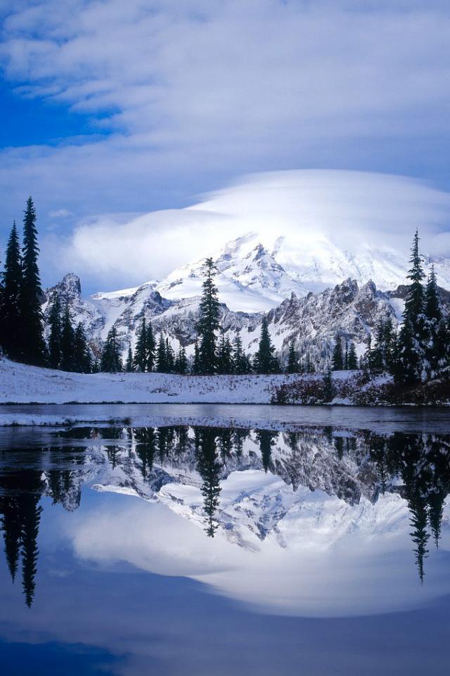 Beautiful Winter Scene Android Wallpaper - Reflection Lake Winter Mt Rainier - HD Wallpaper 