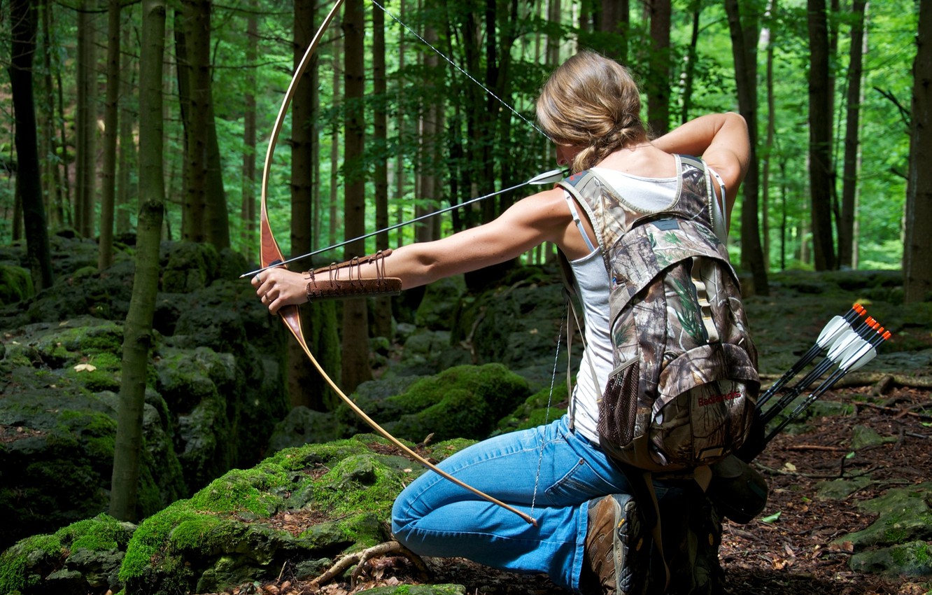 Photo Wallpaper Woman, Pose, Archery, Bowhunting - Girl Bow Hunting - HD Wallpaper 