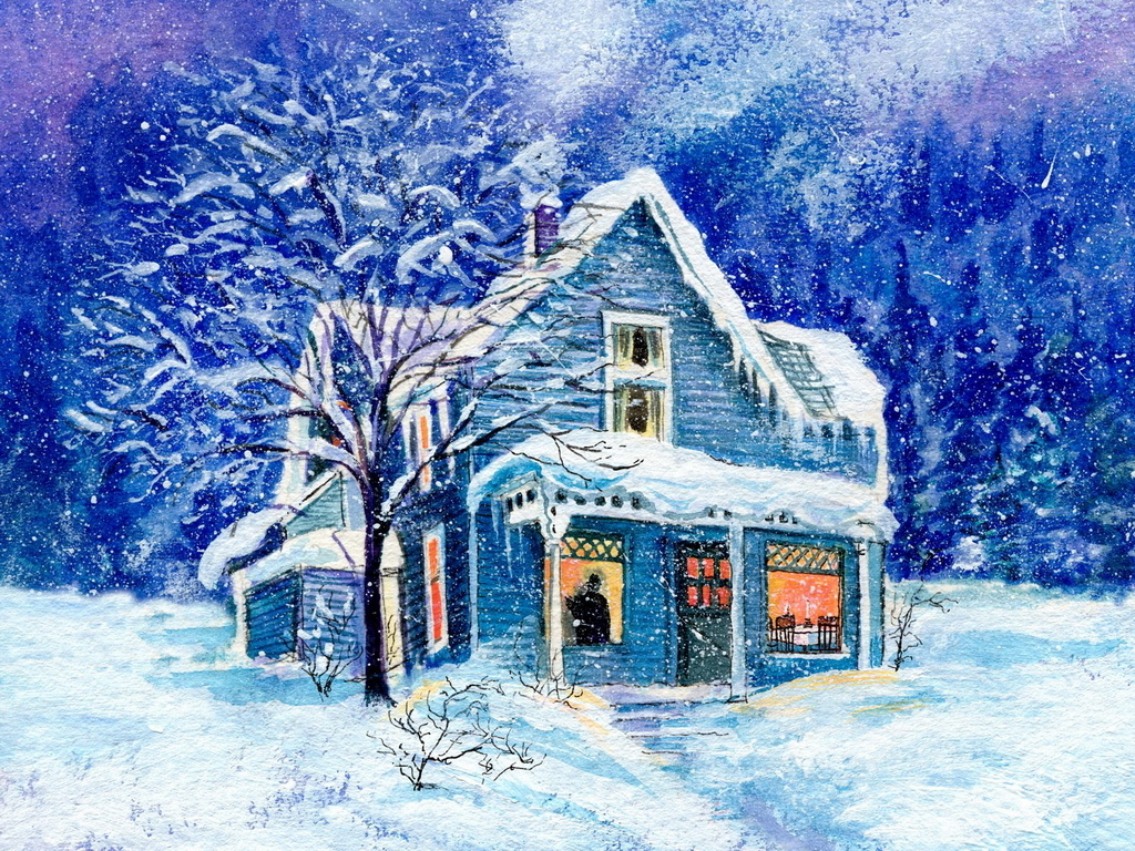 Winter Wallpapers - Blue Christmas House - HD Wallpaper 