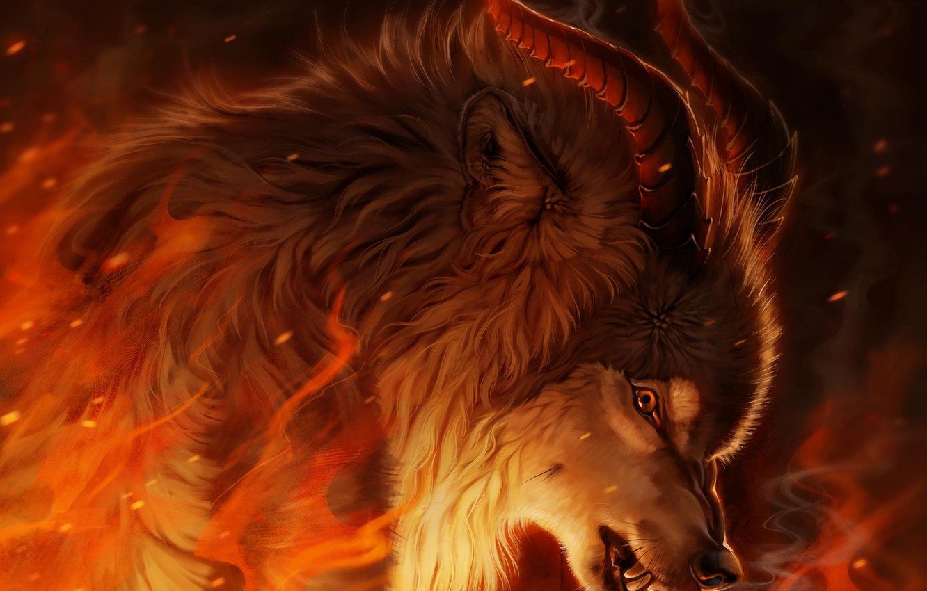 Photo Wallpaper Fire, Wolf, Fantasy, Horny, By Pixxus - Fire Wolf Beast - HD Wallpaper 
