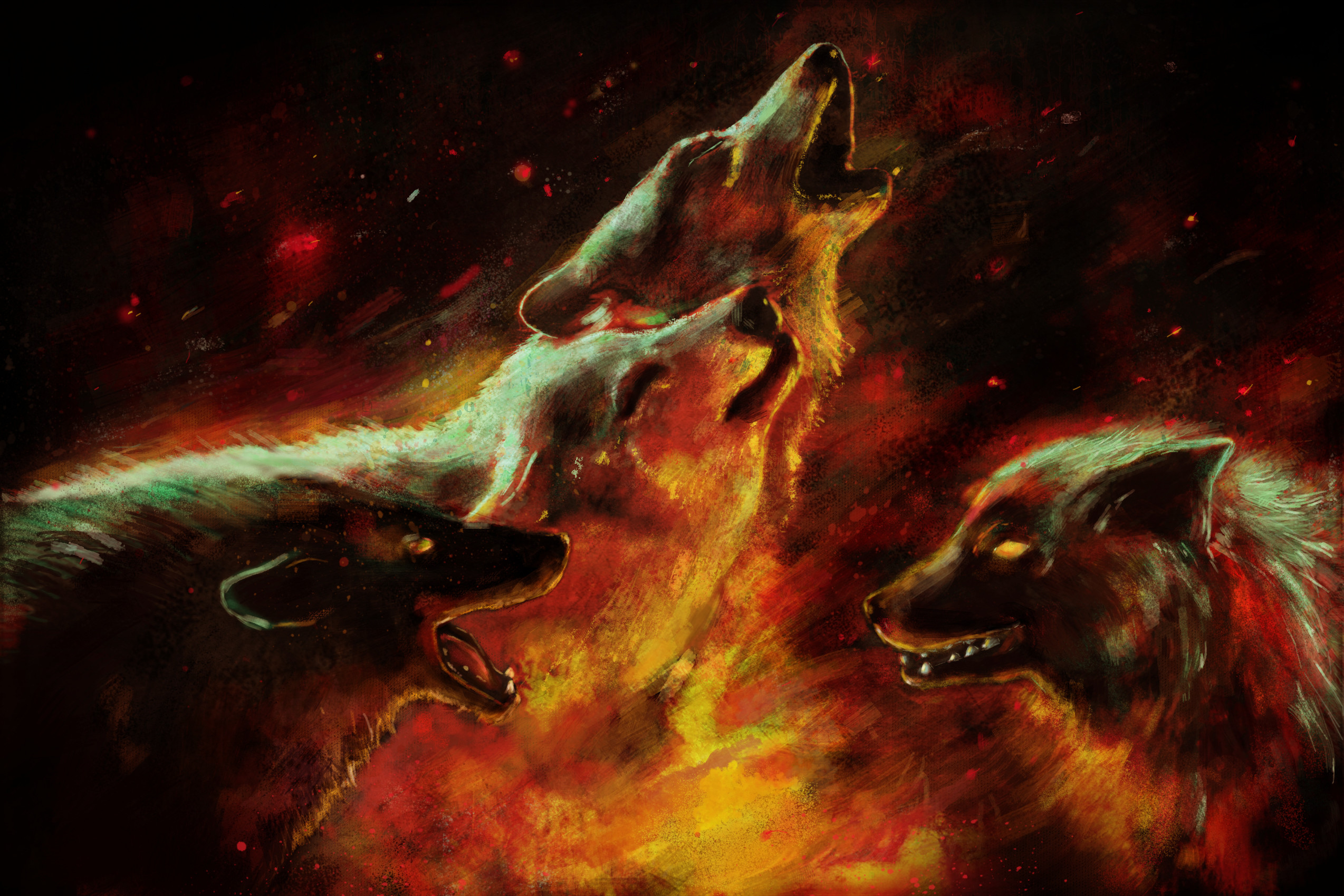 Pack Of Fire Wolves - HD Wallpaper 