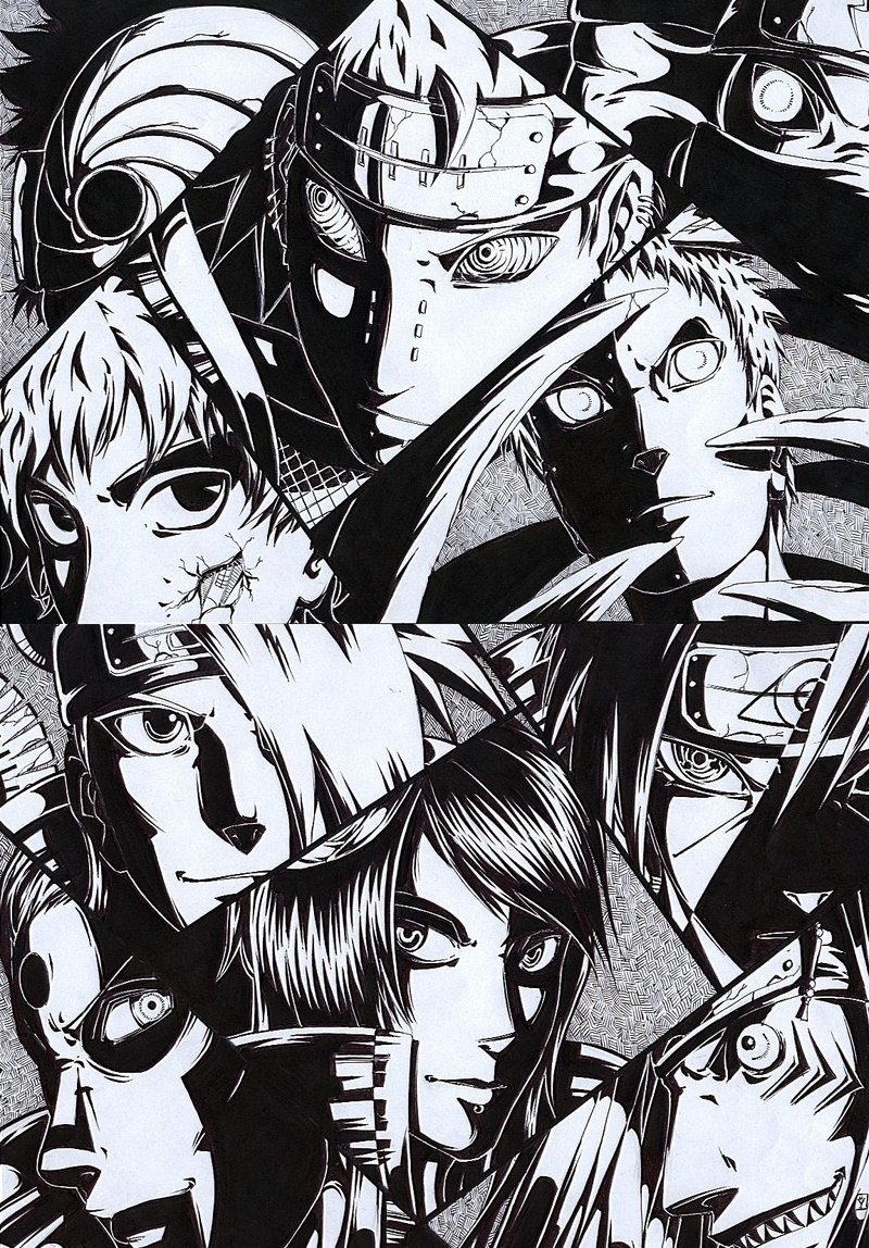 Uchiha Itachi, Konan, Deidara, Sasori, Pain, And 5 - Akatsuki Black And White - HD Wallpaper 