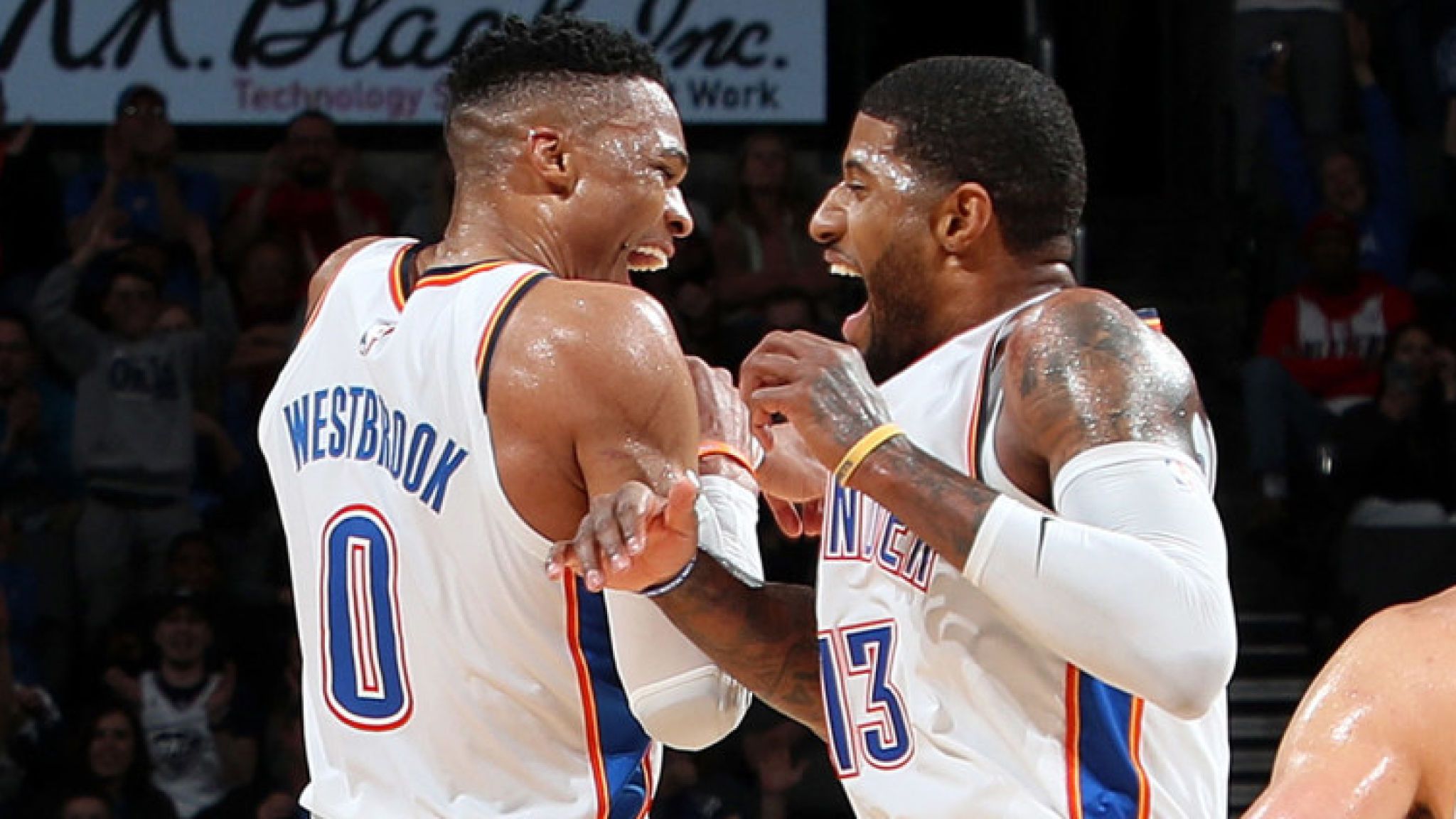 Russell Westbrook And Paul George Celebrate During - Westbrook And Paul George - HD Wallpaper 