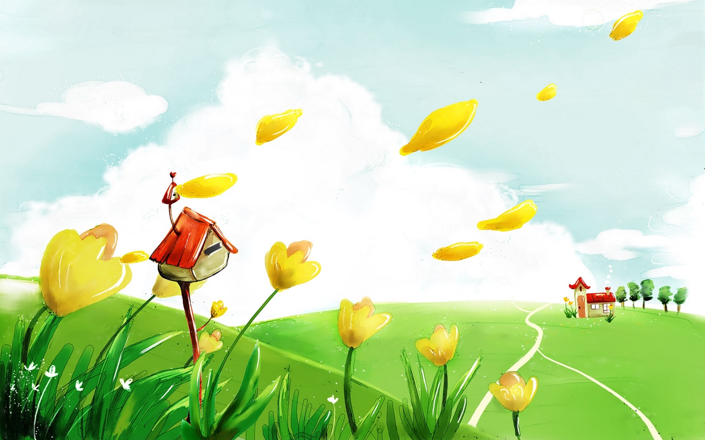 Wallpaper House, Field, Grass, Wind, Nature - Cartoon Landscape Hd - HD Wallpaper 